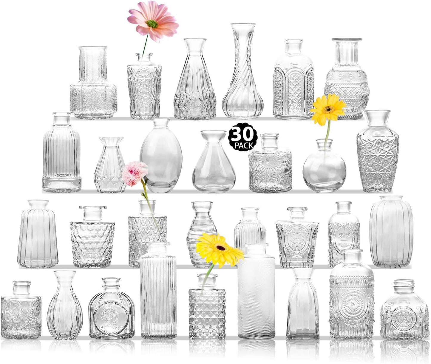 Glass Bud Vase Set of 30, Clear Bud Vases in Bulk, Small Flower Vases for Table Centerpieces, Mini Vintage Vases for Rustic Wedding Party, Bridal Shower, Home Decoration (30 Pack)