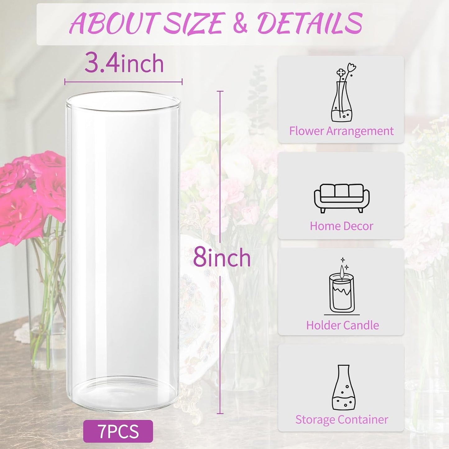 7pcs Glass Cylinder Vases for Centerpieces - 8 Inch Tall Glass Vases for Flower, Clear Flower Vase Bulk Floating Candle Vase for Table Centerpiece Wedding Home Décor