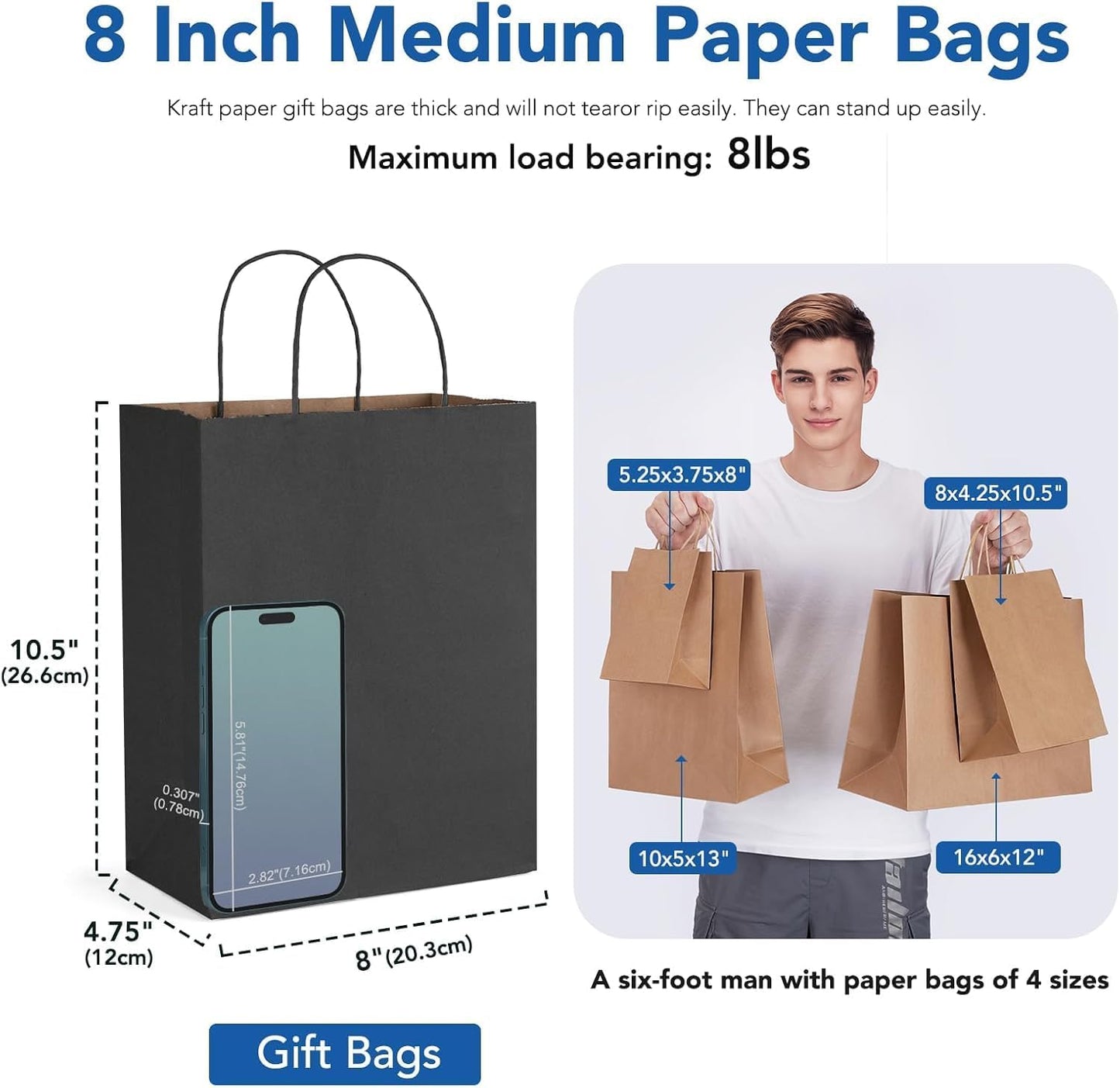 GSSUSA 12000 Pack 8x4.25x10 Inch Paper Bags with Handles Bulk, Black Paper Gift Bags for Small Business, Heavy Duty Bulk, for Birthday Party Favors, Shopping, Retail