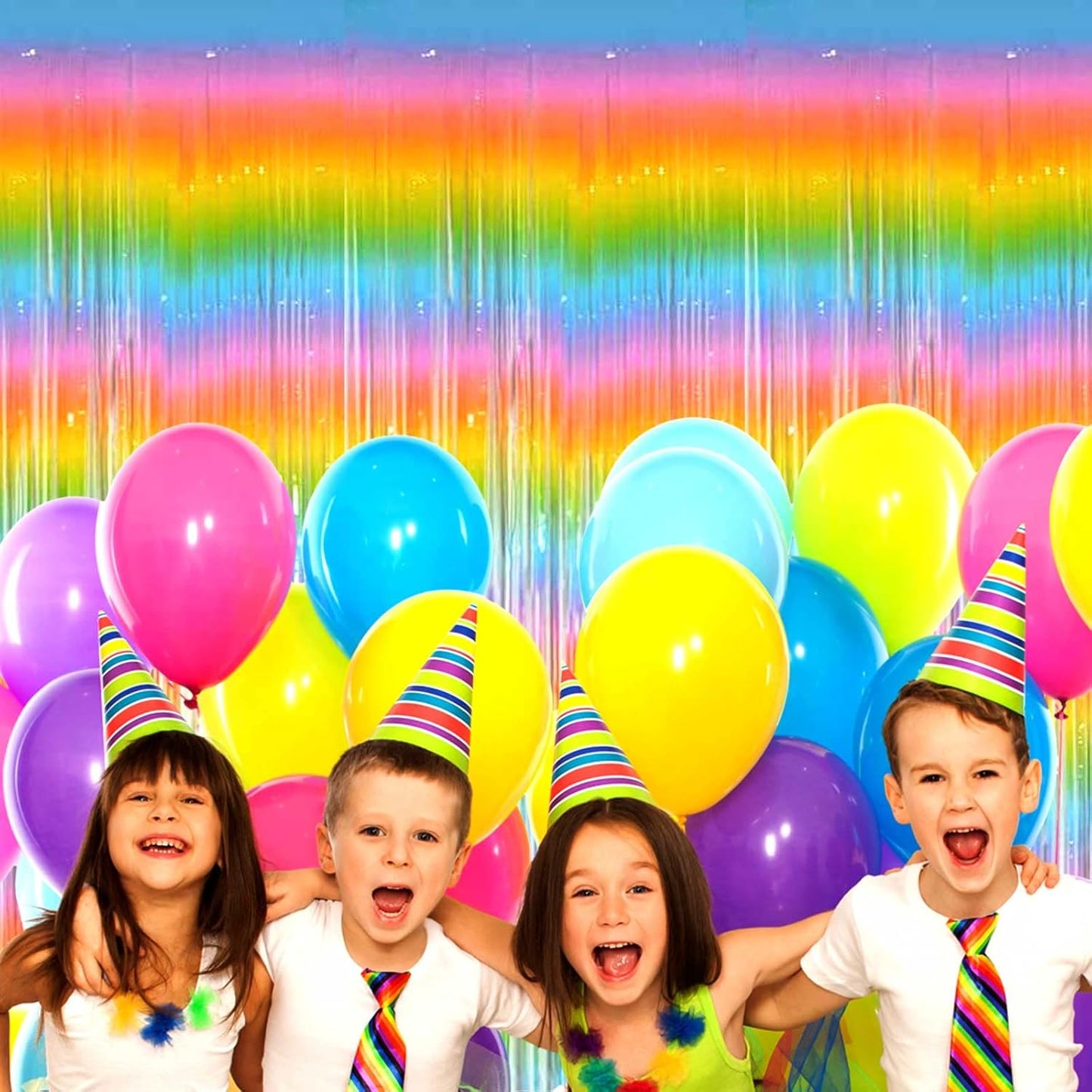 4 Pack Macaron Rainbow Foil Fringe Curtain Backdrop, 3.28Ft x 8.2Ft Metallic Tinsel Foil Fringe Streamer Curtains for Photo Booth, Birthday, Wedding, New Year’s, Easter Decorations Party Supplies