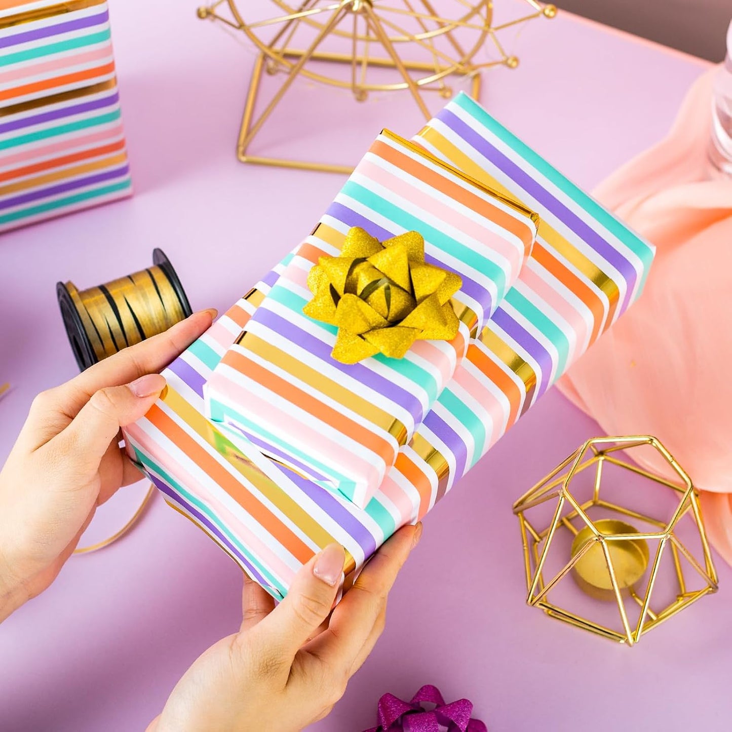 Yarcony Gift Wrapping Paper Roll, Rainbow Wrapping Paper, Colorful Stripes Gift Wrap with Gold Foil for Birthday, Baby Shower, Wedding, Christmas, All Occasions (Mini Roll, 17 Inch X 16.5 Feet)