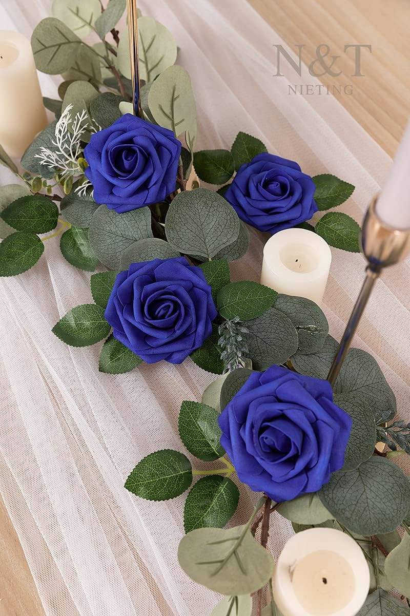N&T NIETING Artificial Flowers, Royal Blue Fake Flowers Roses with Stems for DIY Wedding Bridal Bouquets Centerpieces Bridal Shower Party Home Flower Arrangement Decorations, 25Pcs
