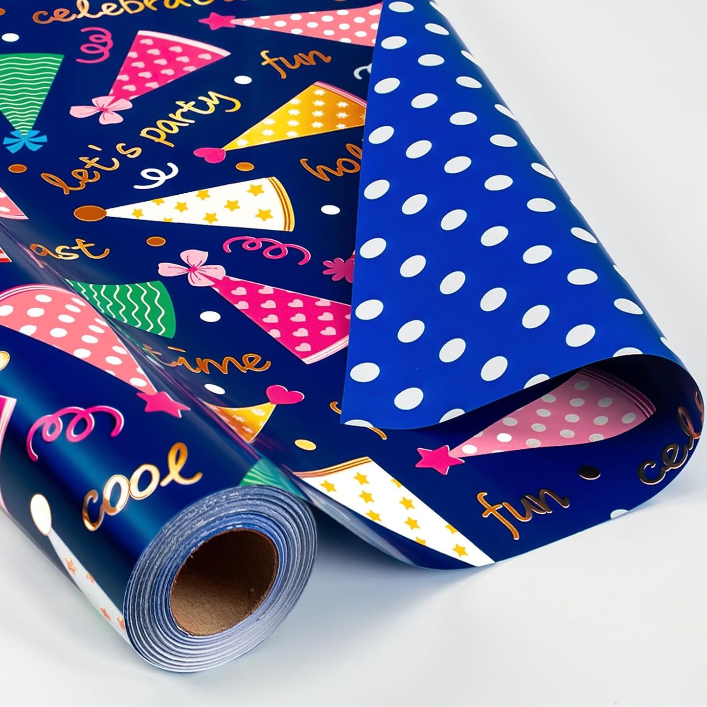 Yarcony Boys Birthday Wrapping Paper Roll - 17 Inch X 33 Feet - Reversible Metallic Foil Navy Blue Men Boy Gift Wrap Paper Blue Wrapping Paper for Birthday, Party, Baby Shower, Holiday, Father's Day
