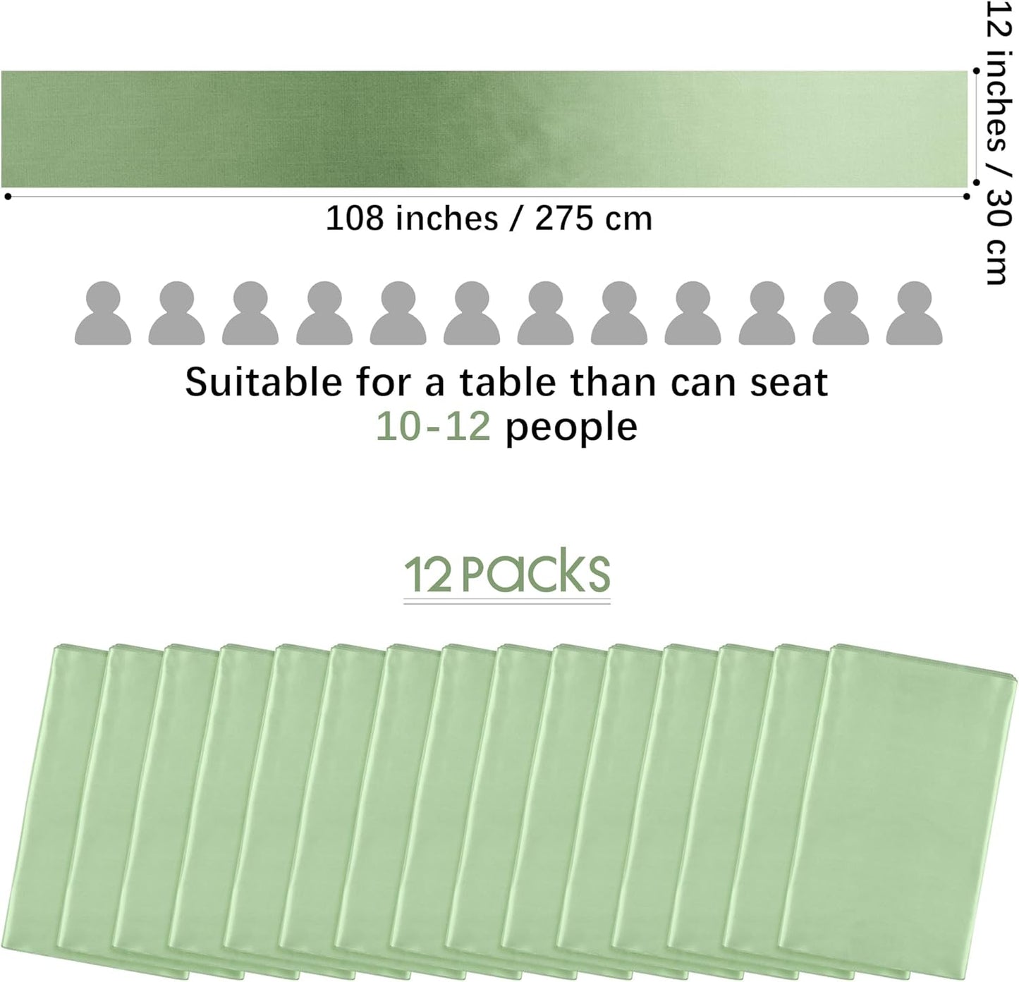 Aneco 12 Pack Satin Table Runner 12 x 108 Inch Sage Green Long Wedding Satin Silk Spring Table Runner for Wedding Banquet Graduations Birthday Party Decoration