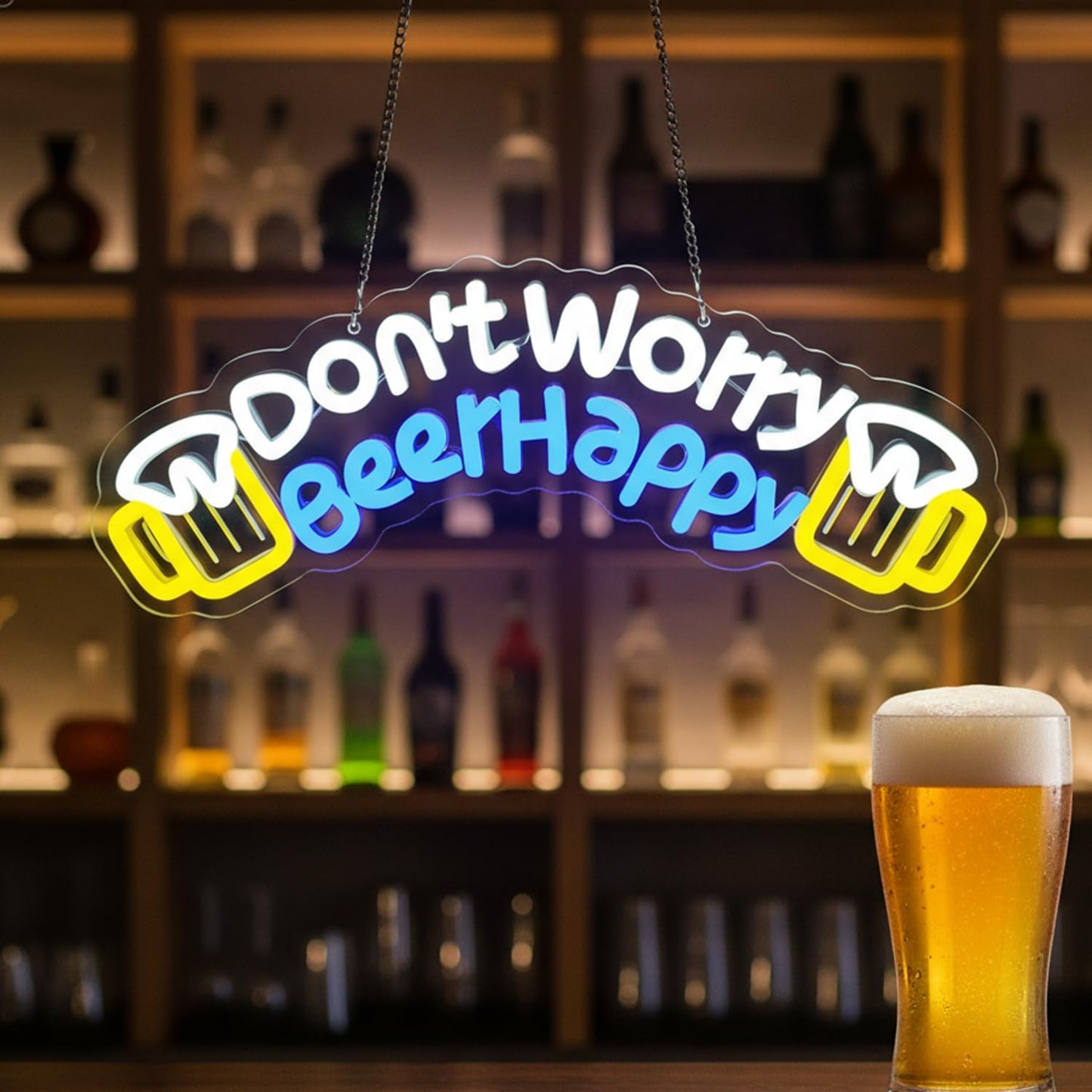 Don't Worry Beer Happy Neon Sign,Bar Sign,Beer Neon Sign,USB Powered with Dimmable Switch,Neon Signs for Wall Decor for Bar,Club,Party,Neon Signs for Man Cave