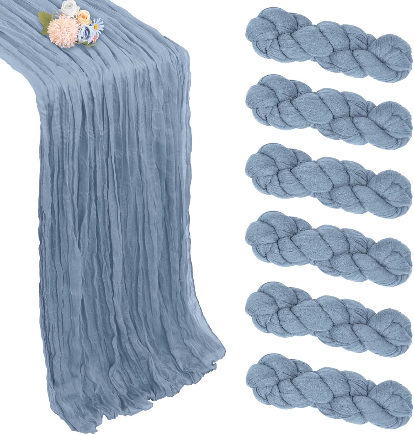 6 Pack Dusty Blue Table Runner 10ft Boho Gauze Fabric Cheesecloth Table Runner 35 x 120 Inch Rustic Sheer Runner for Wedding Decor Baby Shower Party Table Centerpiece Decorations