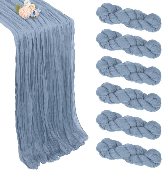 6 Pack Dusty Blue Table Runner 10ft Boho Gauze Fabric Cheesecloth Table Runner 35 x 120 Inch Rustic Sheer Runner for Wedding Decor Baby Shower Party Table Centerpiece Decorations