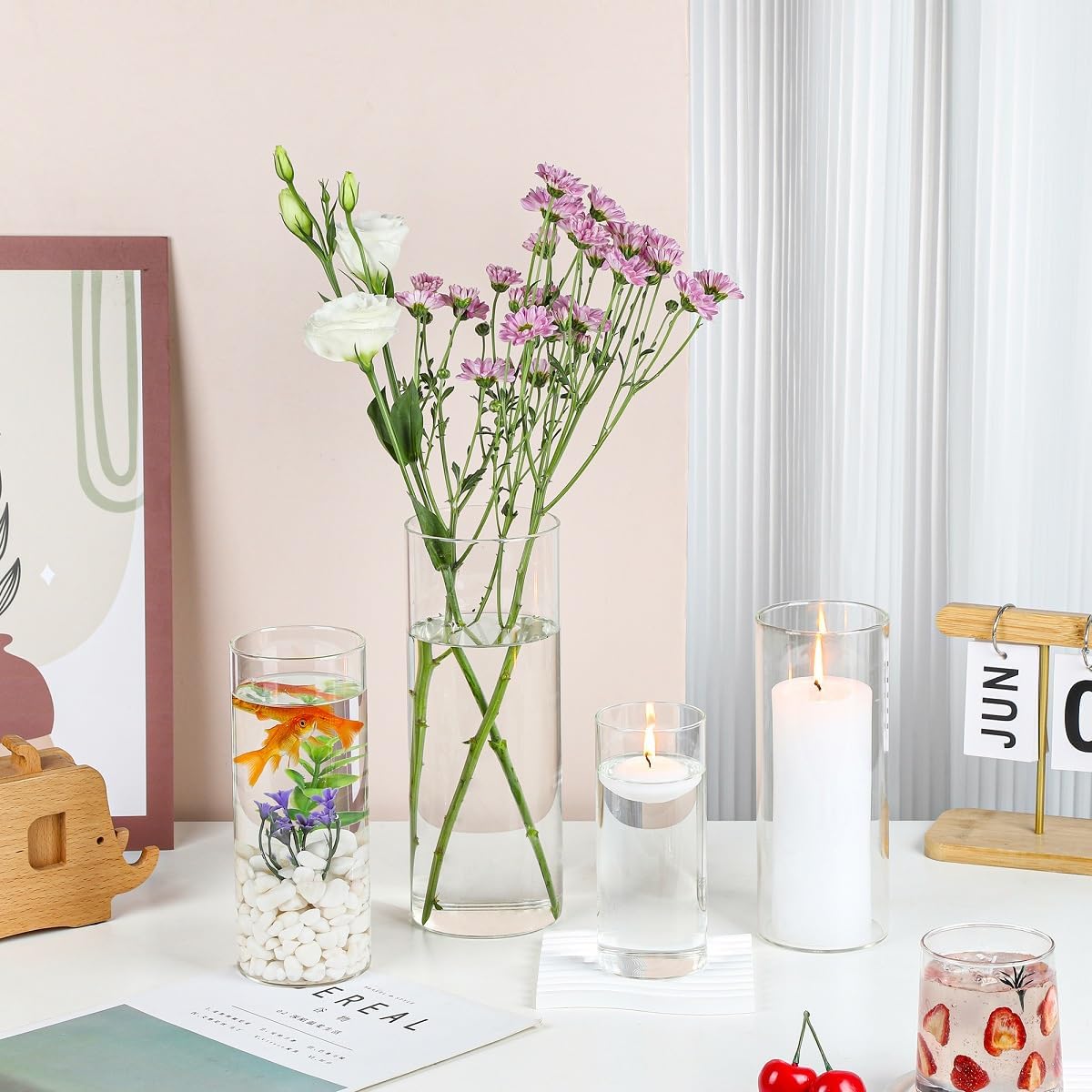 UDU Set of 12 Cylinder Glass Vases and 18 Pcs Floating Candles for Centerpiece, 4,6,8,10 Inch Tall Clear Hurricane Candle Holder Glass Vases for Centerpiece Table Wedding Home Decor