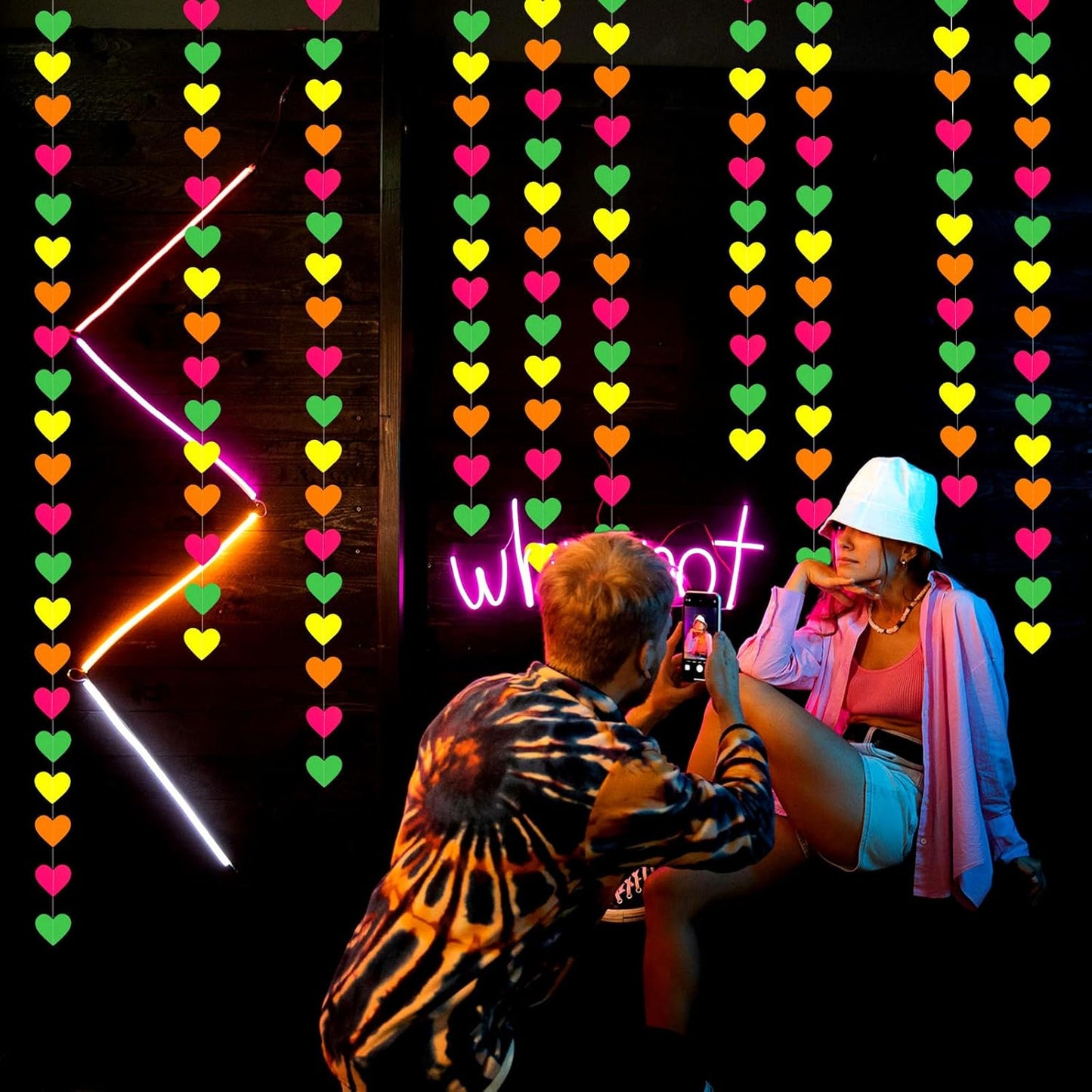 UV Neon Party Decorations Heart-Garland - 52ft Glow in The Dark Supplies,80s Hanging Streamers Banner,Girl Romantic Wedding Anniversary Baby Bridal Shower Engagement Decor Panduola