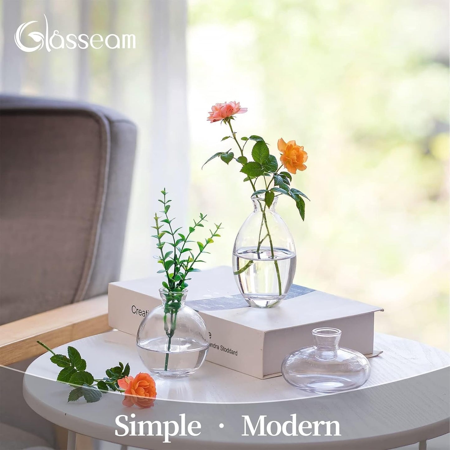 Glass Bud Vase for Centerpieces, 6Pcs/2Sets Glasseam Modern Clear Mini Small Vases for Flowers Bulk Flower Vase Set Aesthetic Cute Handmade Tiny Short Wedding Table Centerpiece Decor