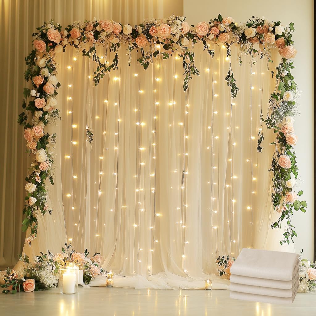 Tulle Backdrop Curtain with Lights String 20 X 8FT Champagne Sheer Tulle Backdrop Curtains for Wedding Birthday Party Reception Photo Booth Background Decorations (4 Panels 5x8FT)