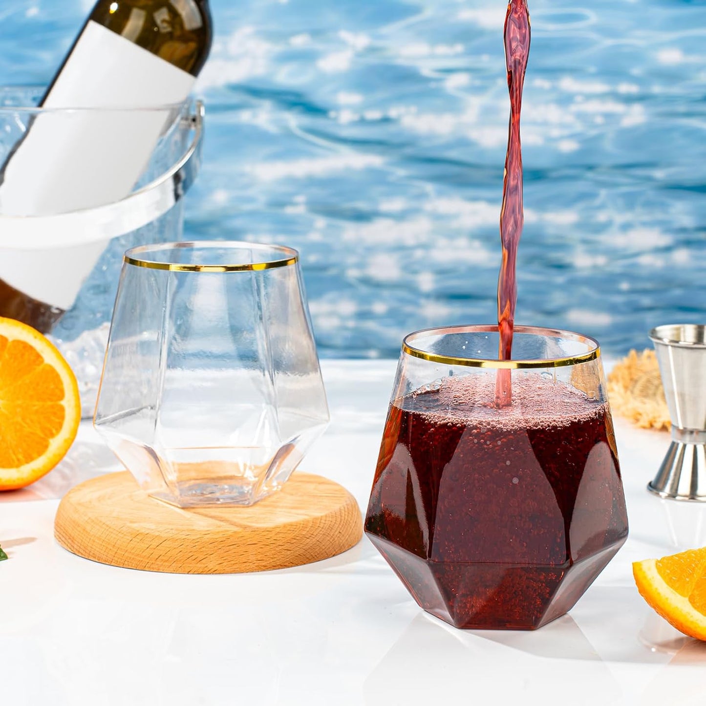 Goodluck 40 PCS Diamond Stemless Plastic Wine Whiskey Glasses, 12 Oz Disposable Cocktail Glasses, Suitable for Weddings, Birthday Parties, Family Gatherings, Bars, etc （Gold rimmed cups）