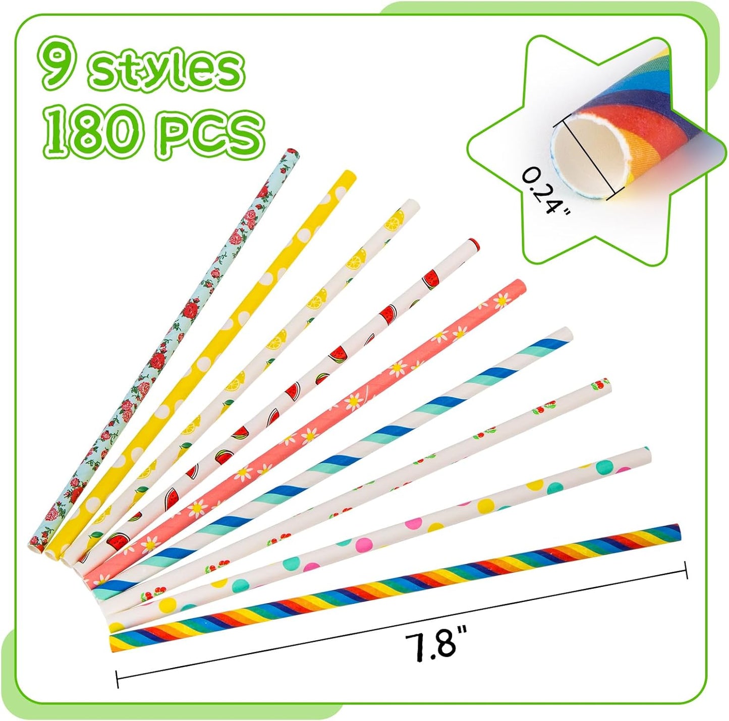 HAKACC 180PCS Paper Straws for Drinking, 9 Different Patterns Party Straws Disposable Drinking Straws for Birthday Wedding Holiday DIY Decorations