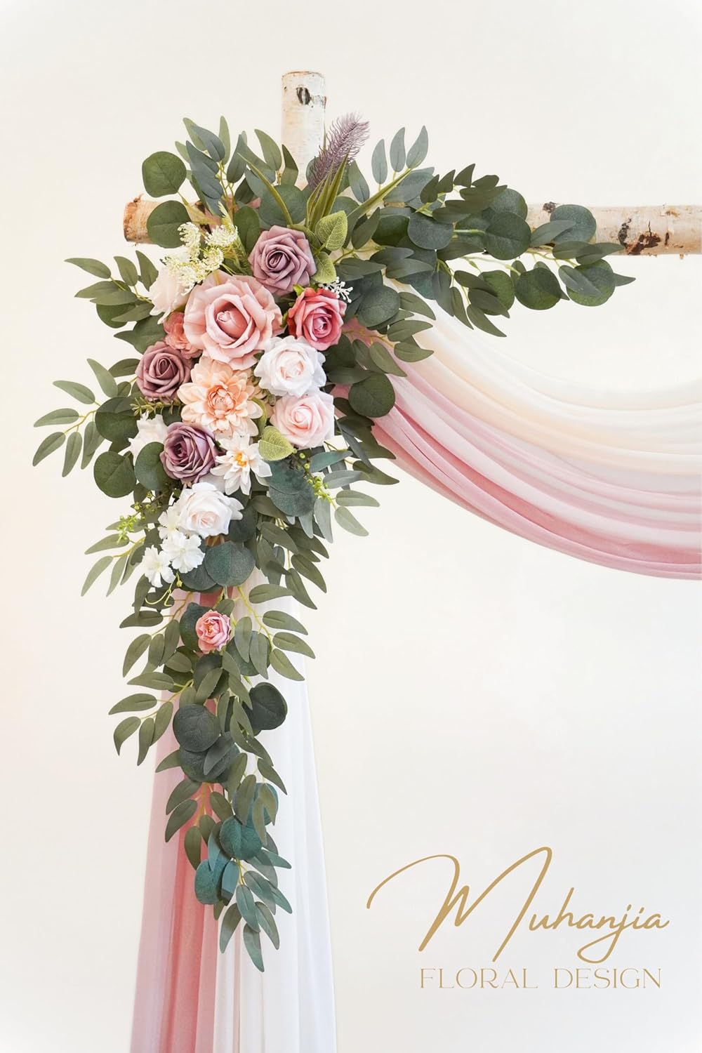 Artificial Wedding Arch Flowers Kit(Pack of 4),2Pcs Artificial Flower Arch Decor, 2Pcs Chiffon Fabric Drapes, Ceremony Decoration, Floral Outdoor Party Decor (Dusty Rose & Champagne)