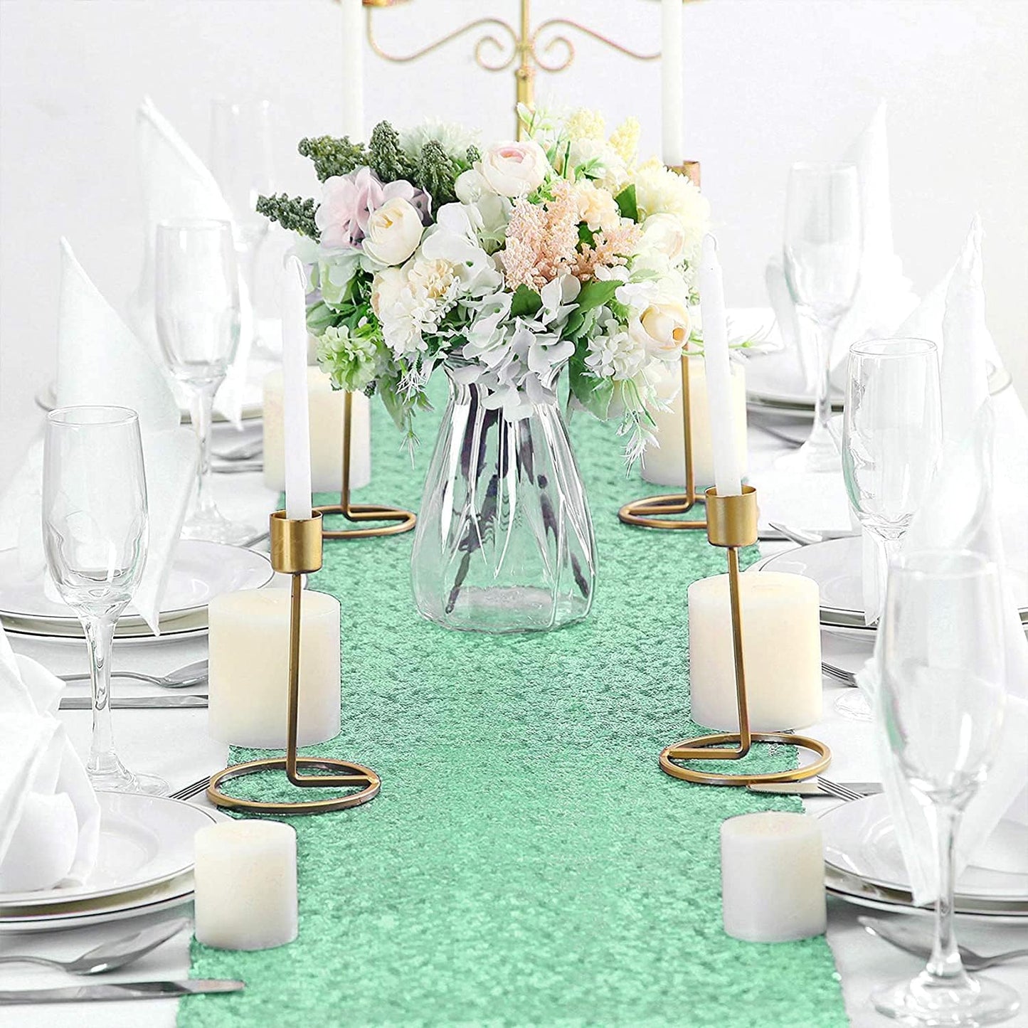 Eternal Beauty 5PCS-12X108 Mint Green Sequin Table Runner for Wedding, Decorations for Birthday Parties, Banquets, Graduations,Christmas