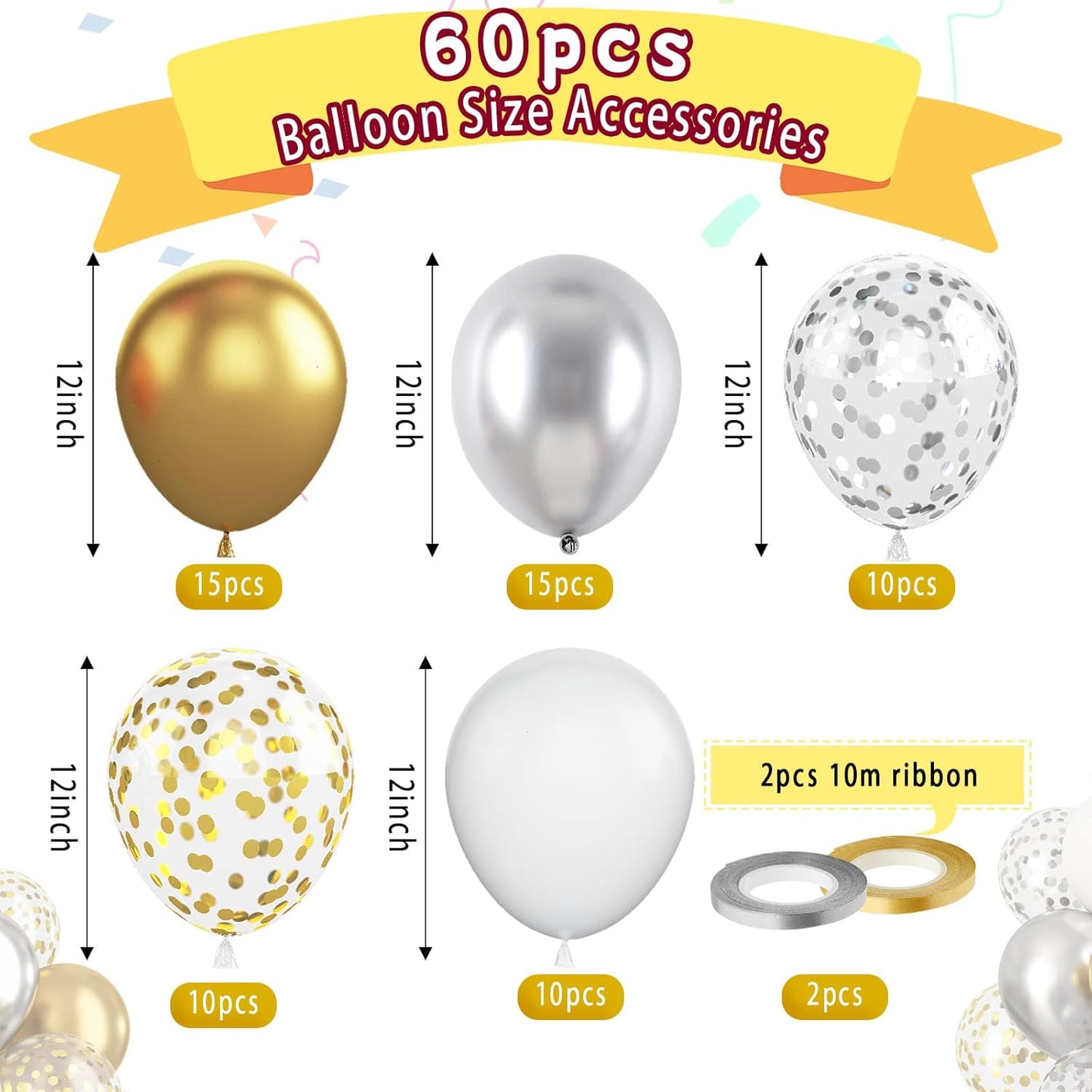 Paready Gold and Silver Latex Balloons, 60 Pcs 12 Inch Metallic Gold Silver and White Confetti Balloons for Birthday Baby Shower Engagement Anniversary Wedding Bridal Shower Graduation Decoration