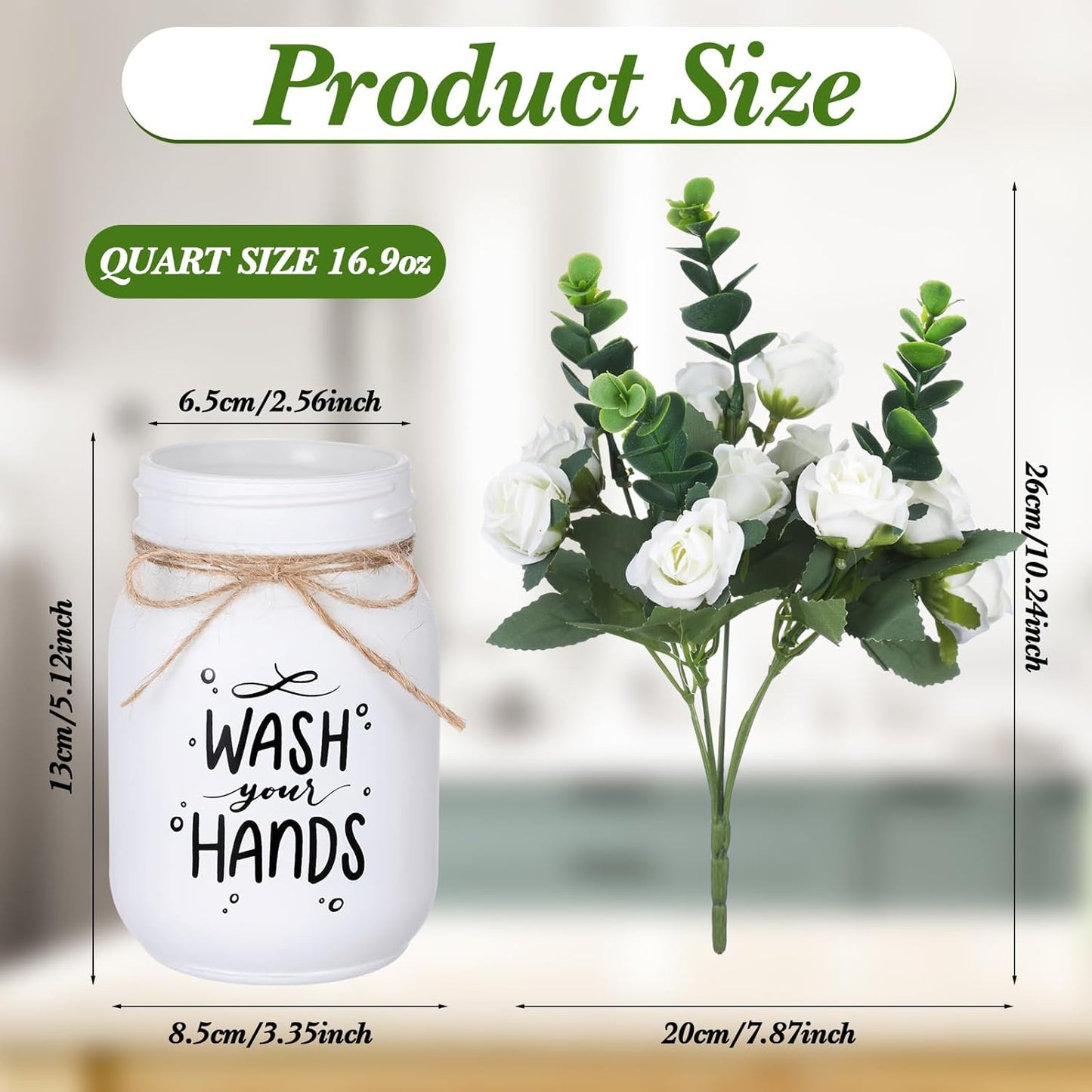 XunYee Farmhouse Bathroom Decor Wash Your Hands Sign Mason Jar with Flowers 16.9 oz White Mason Jar Centerpiece Table Rustic Decor for Restroom Bathroom Shelf Bridal Shower Kitchen
