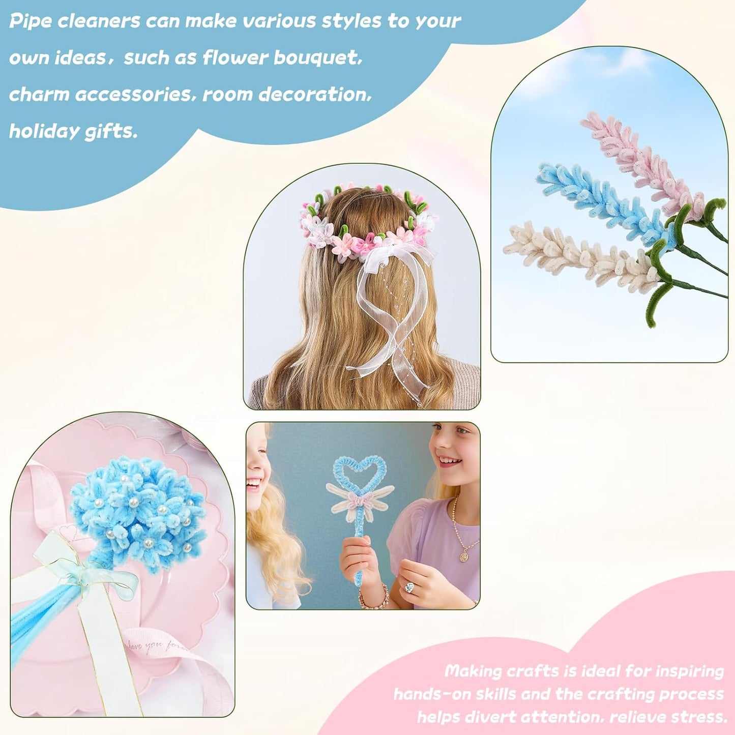 400 Pcs Soft Craft Pipe Cleaners Flowers,5 Colors Chenille Stems Bulk with Floral Wires, Gardening Tape,Greeting Card,Bouquet Paper,Hot Glue Stick,Pearl & Ribbon,Ideals for Various Types Decor