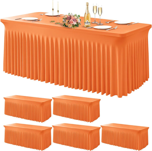 Wish Care 6 Pack Orange Spandex Table Clothes for 8 Foot Rectangle Tables, 8FT Wrinkle Free Fitted Tablecloths Ruffles Design Table Cover for Party, Banquet, Wedding and Events