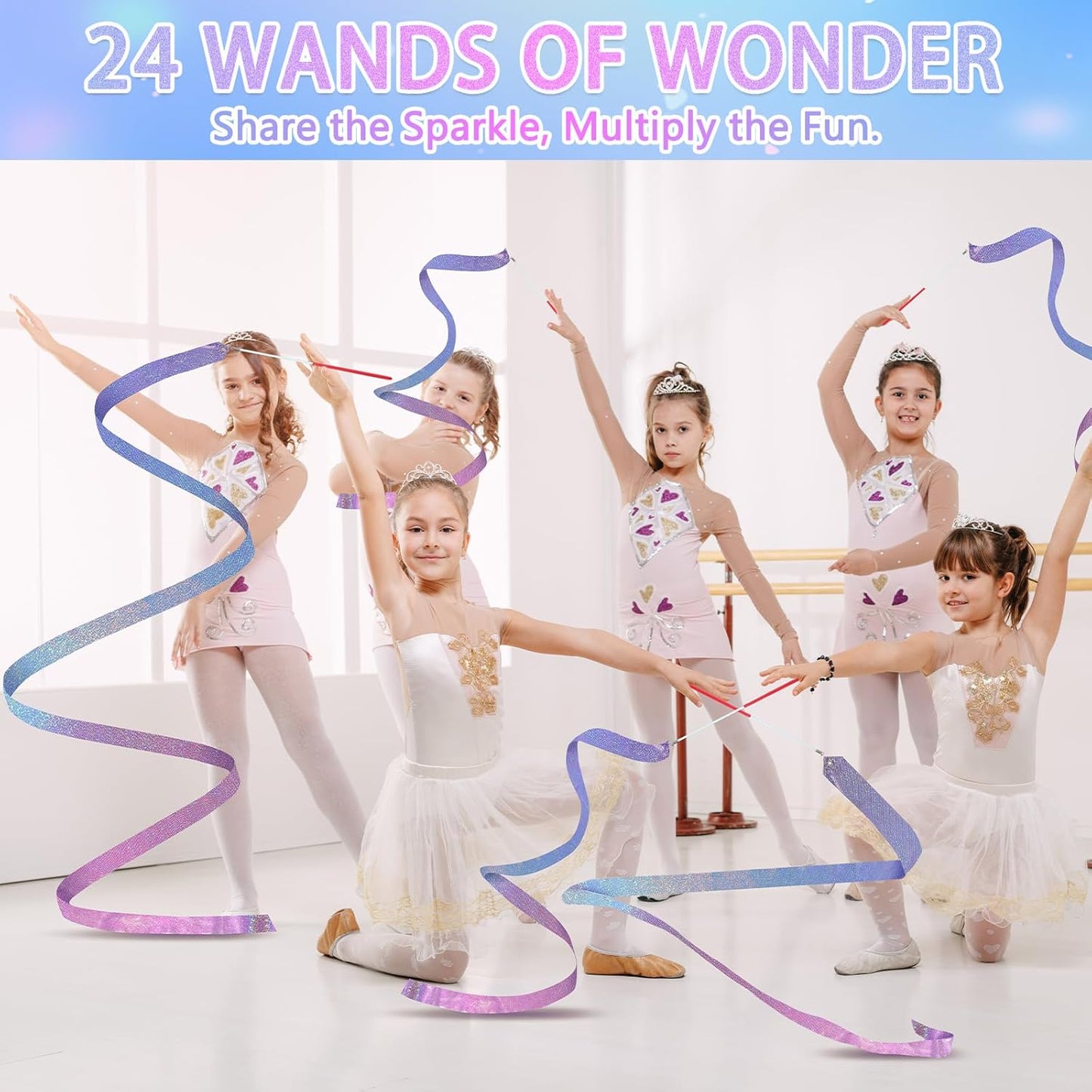 24 Pcs Sparkling Dance Ribbon for Kids Rhythmic Gymnastics Birthday Party Favors Twirling Streamer for Girl Princess Artistic Dancing Outdoor Game Supplies(Gradient Blue Purple)