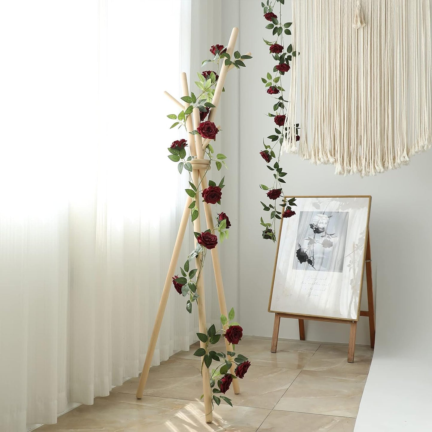 2 Strands 73'' Artificial Silk Rose Flower Vines Garland, Fake Roses Floral Green Leaves Hanging Plant for Wedding Arrangement Decoration, Wall, Party, Bedroom, Home Decor (Burgundy)