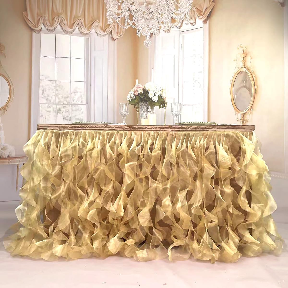 Luxury Organza Mesh Table Skirt Draping Floating Romance - Perfect for Bridal Showers, Birthday Weddings - Clear Flowing Decoration for a Wonderful Main Cake Table (Gold-6ft, 72" L×30" H)