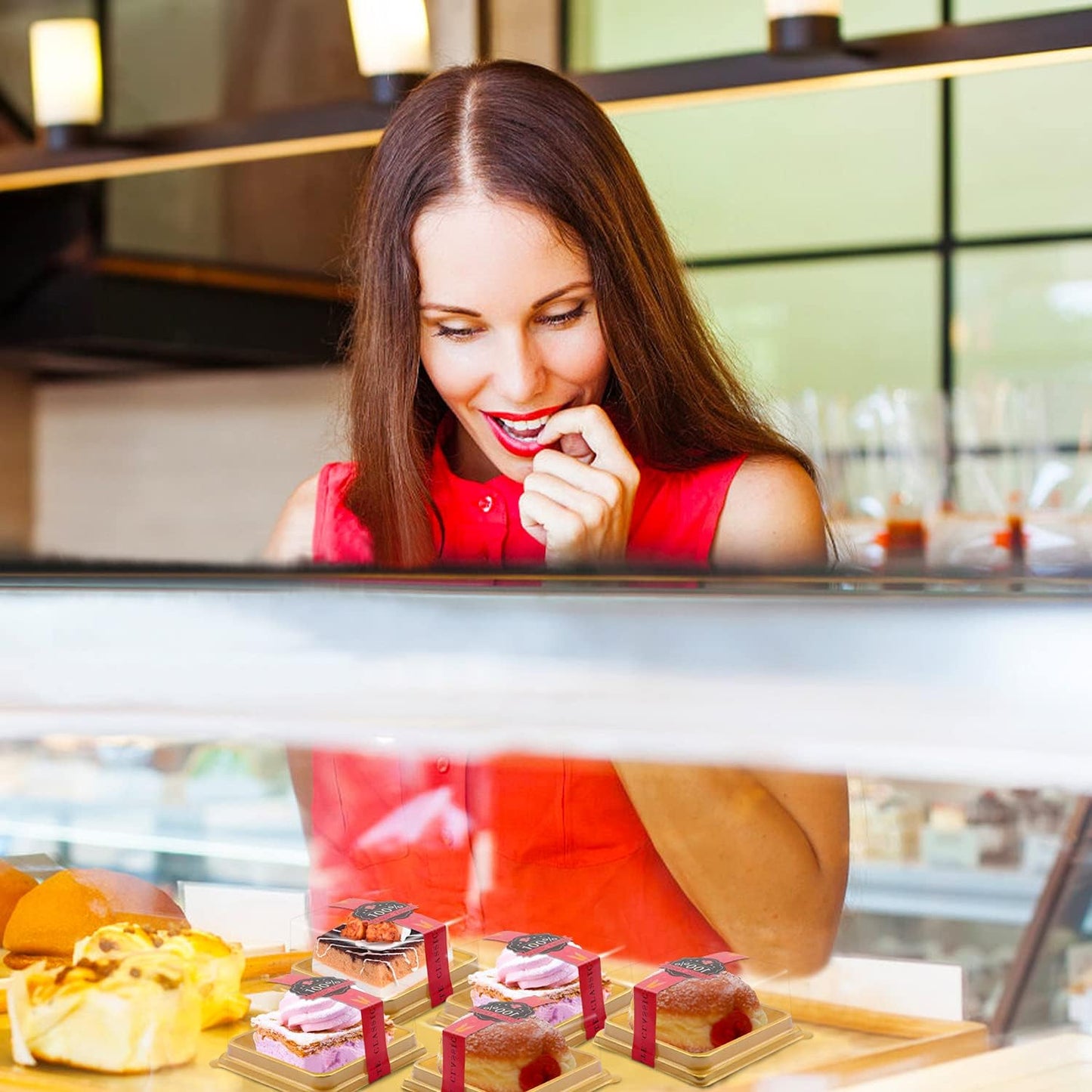 50 Pcs 3.5 Inch Mini Cake Box, Clear Plastic Cupcake Container for Muffins, Cookies, Mooncakes - Small Single Dessert Holder for Wedding, Birthday - Bonus 50 Pcs Gold Stickers