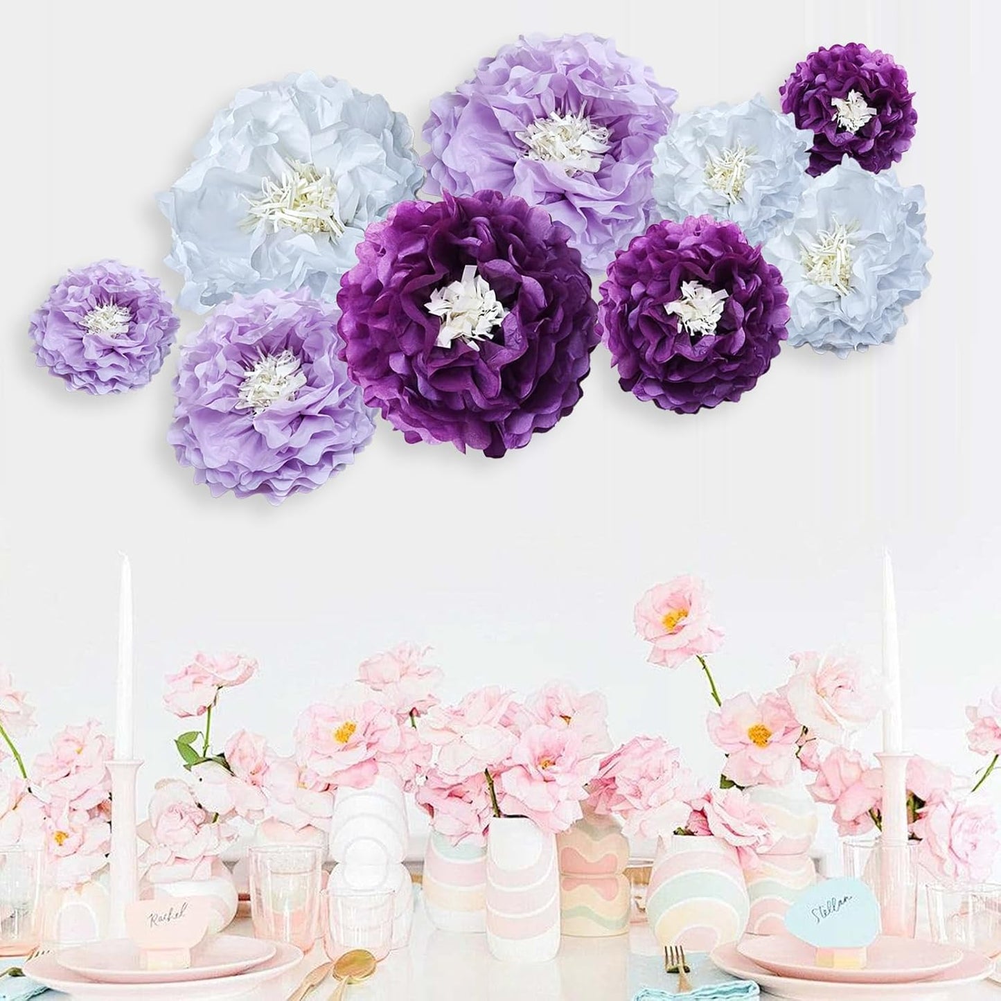 Purple Paper Flower Pom Poms Wall Decorations for Sweet Party Background, Birthday, Bachelor Party, Baby Shower, Graduations, Tea Parties
