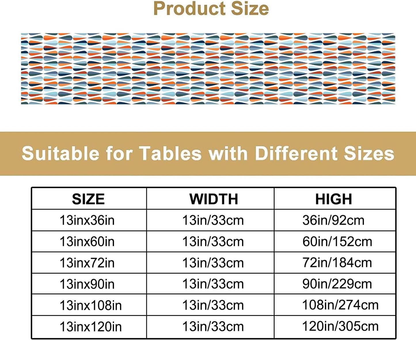 Mid Century Table Runner, Modern Style Retro Pattern Droplet Shapes Mosaic Tones Pattern Print for Home Kitchen Table Decor Dining Coffee Room Party Decor 13x36in