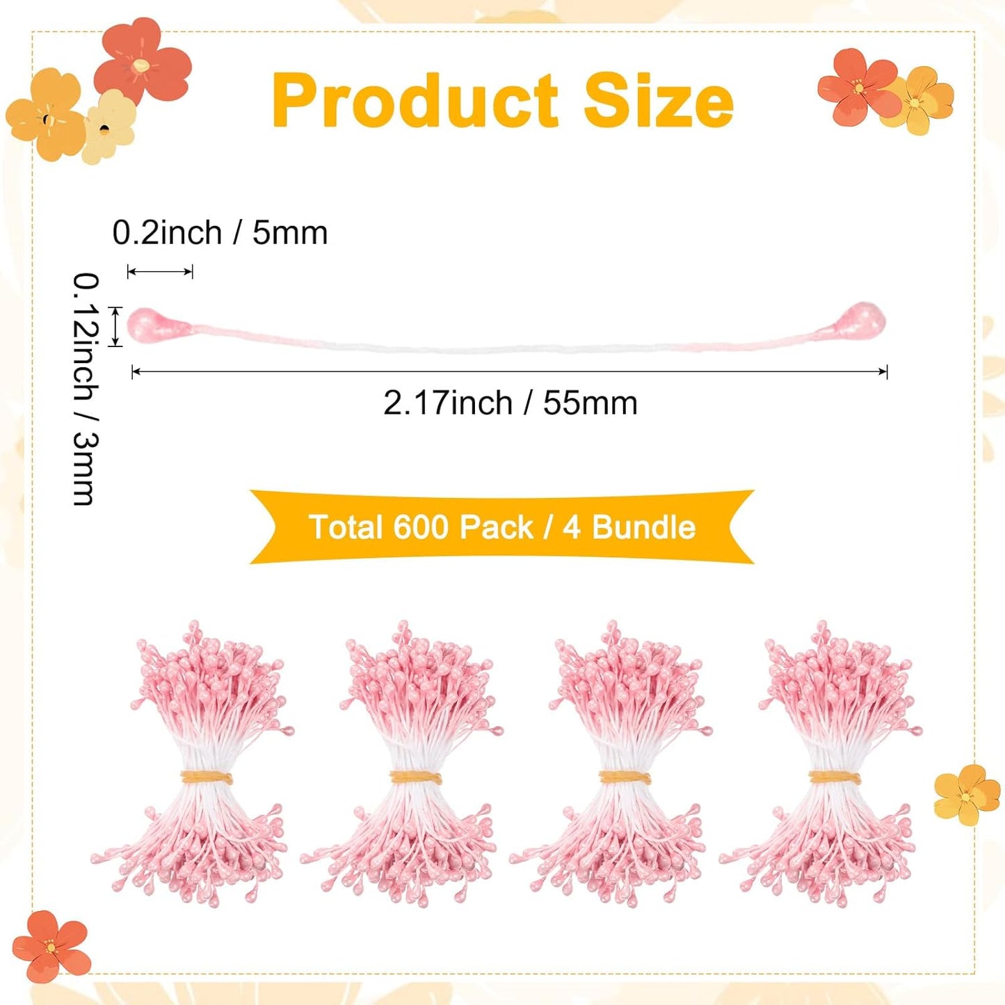 600-Pack Flower Stamens for Crafts, 5mm Double Heads Artificial Pearl Floral Pistil Mini Flower Pollens Stamens for DIY Making/Wedding/Scrapbook Decoration [Orange Pink]