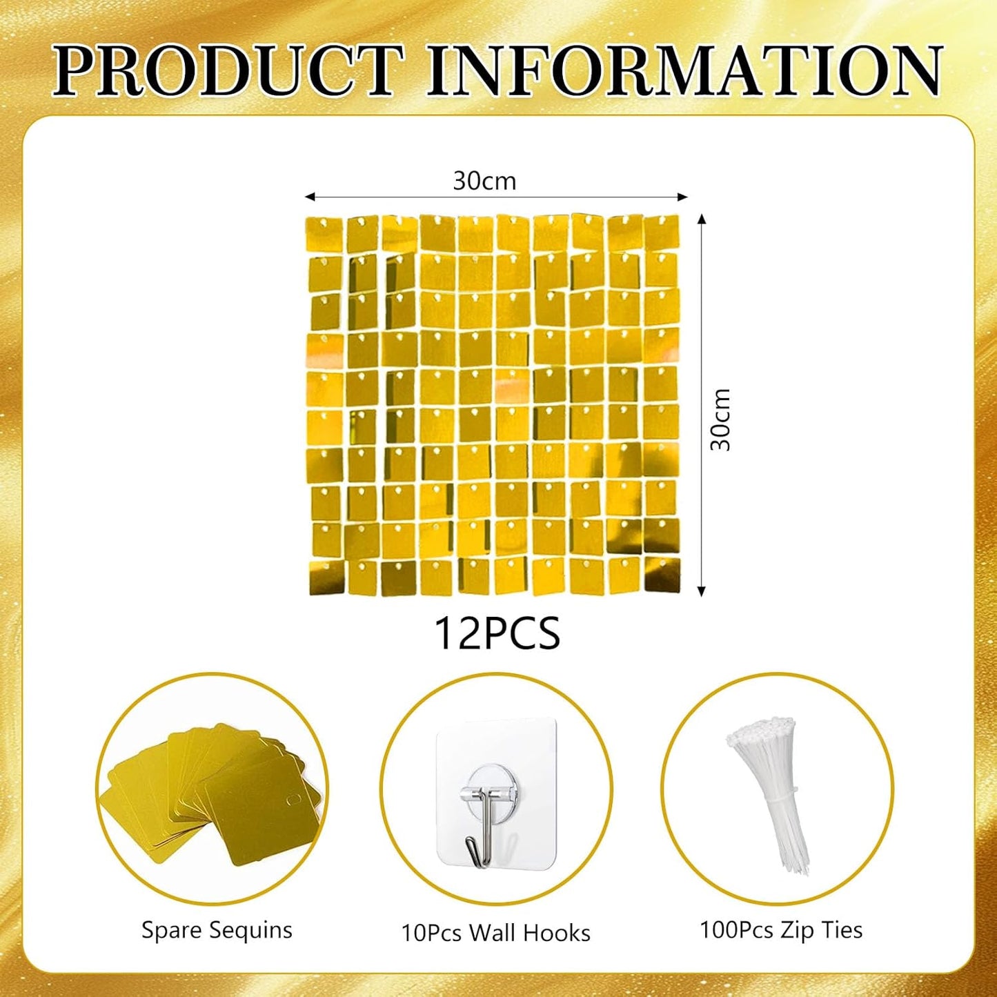 12PCS Gold Shimmer Wall Backdrop, Square Sequin Photo Backdrops Panel, Glitter Wall Background for Birthdays, Weddings, Graduation, Engagements, Disco Bachelorette Party Decoration (3FTx4FT)