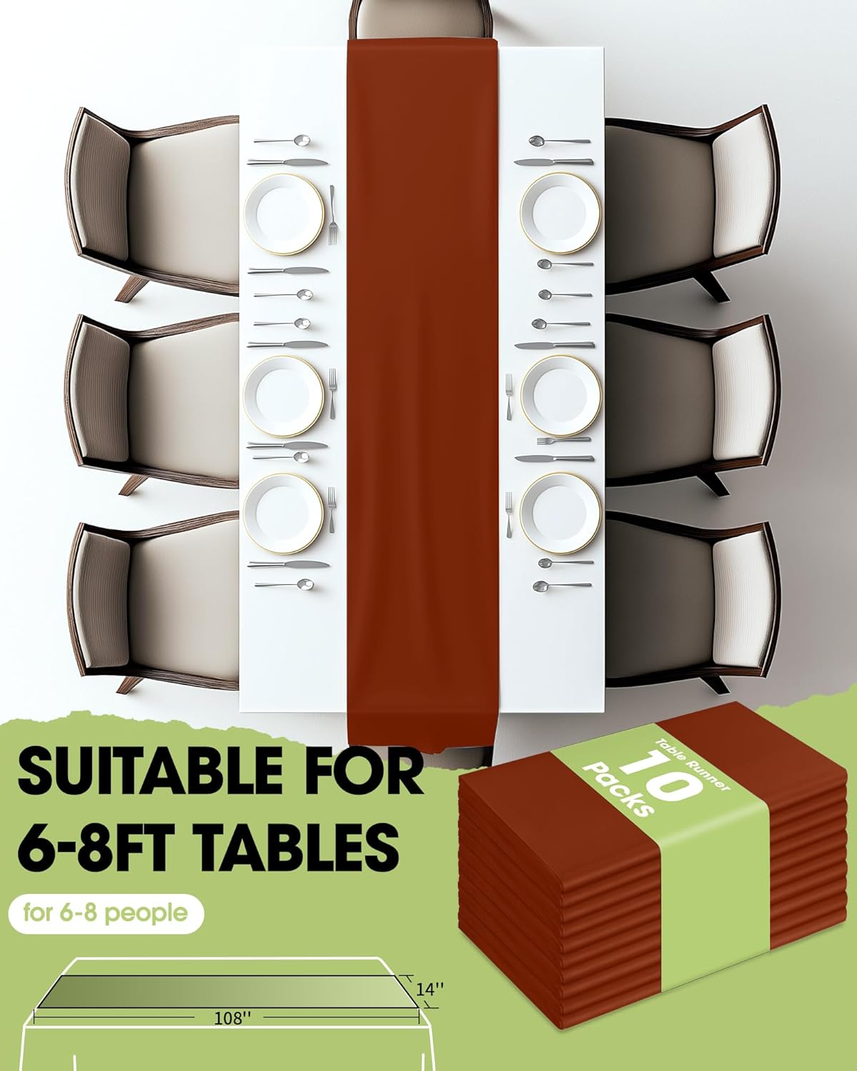 Pureegg Terracotta Plastic Table Runners - 10 Pack, 14'' x 108'', Water Resistant & Disposable Centerpiece Decorations for Table Cloth, Wedding, Birthday, Holiday, Baby Shower, Party, Home Decor