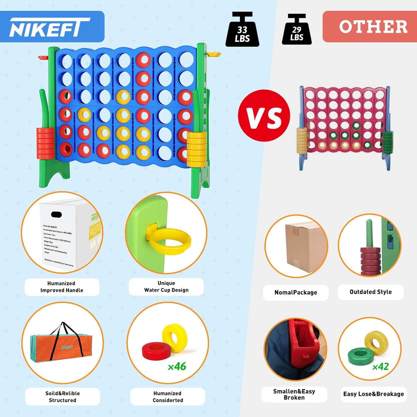 Jumbo 4 in a Row Game Set,4FT Giant Game Set with Carry Bag&44 Pieces Rings&Cup Holder,Indoor/Outdoor Yard Game for Kids & Adults-Fun Family&Party Game-Boosts Brain Power (Blue&Green)