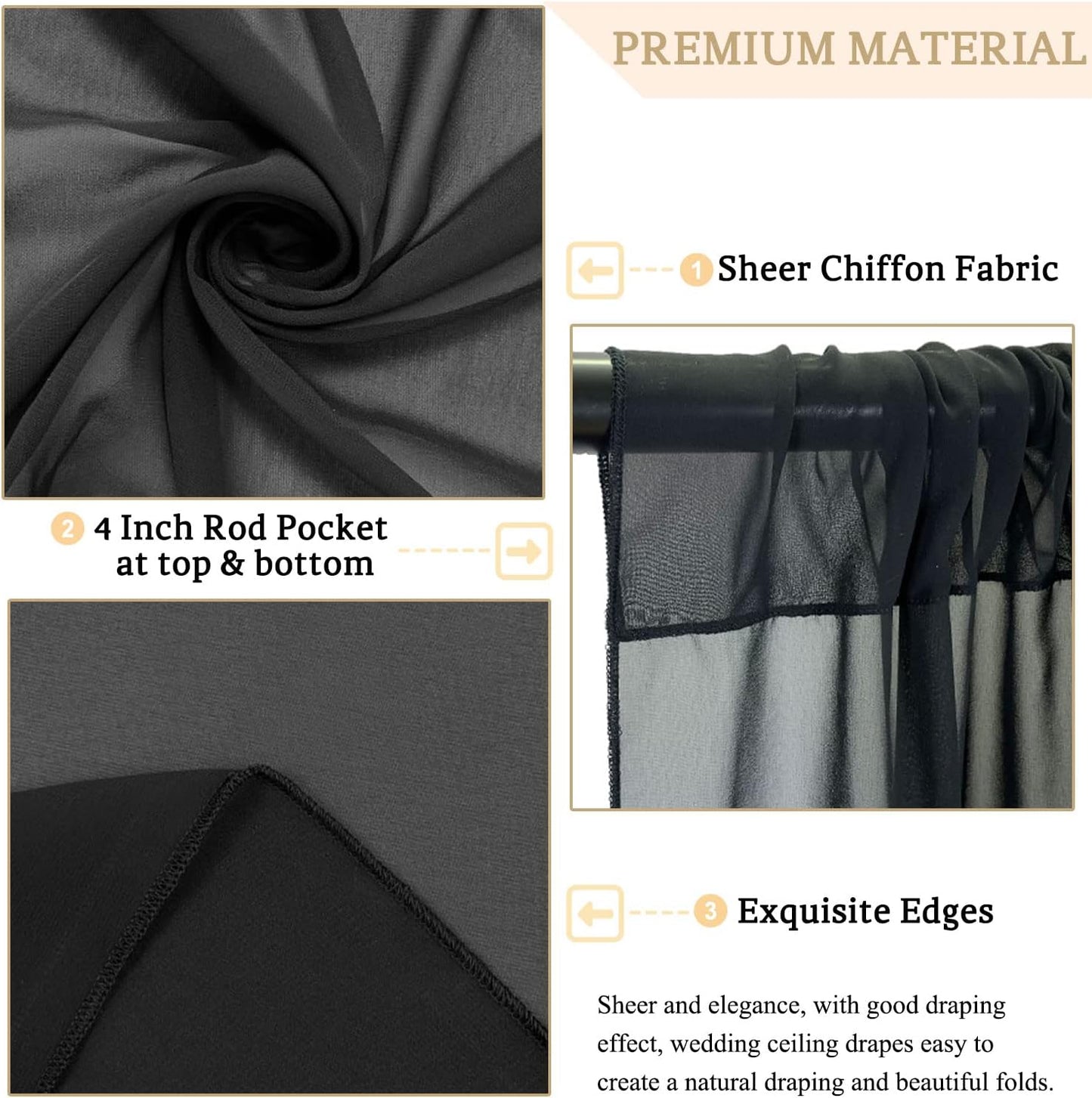 MODFUNS Black Ceiling Drapes Wedding Arch Drapery 5x30ft 4 Panels Chiffon Sheer Curtain Drapes Rustic Fabric for Wedding Party Reception Decoration