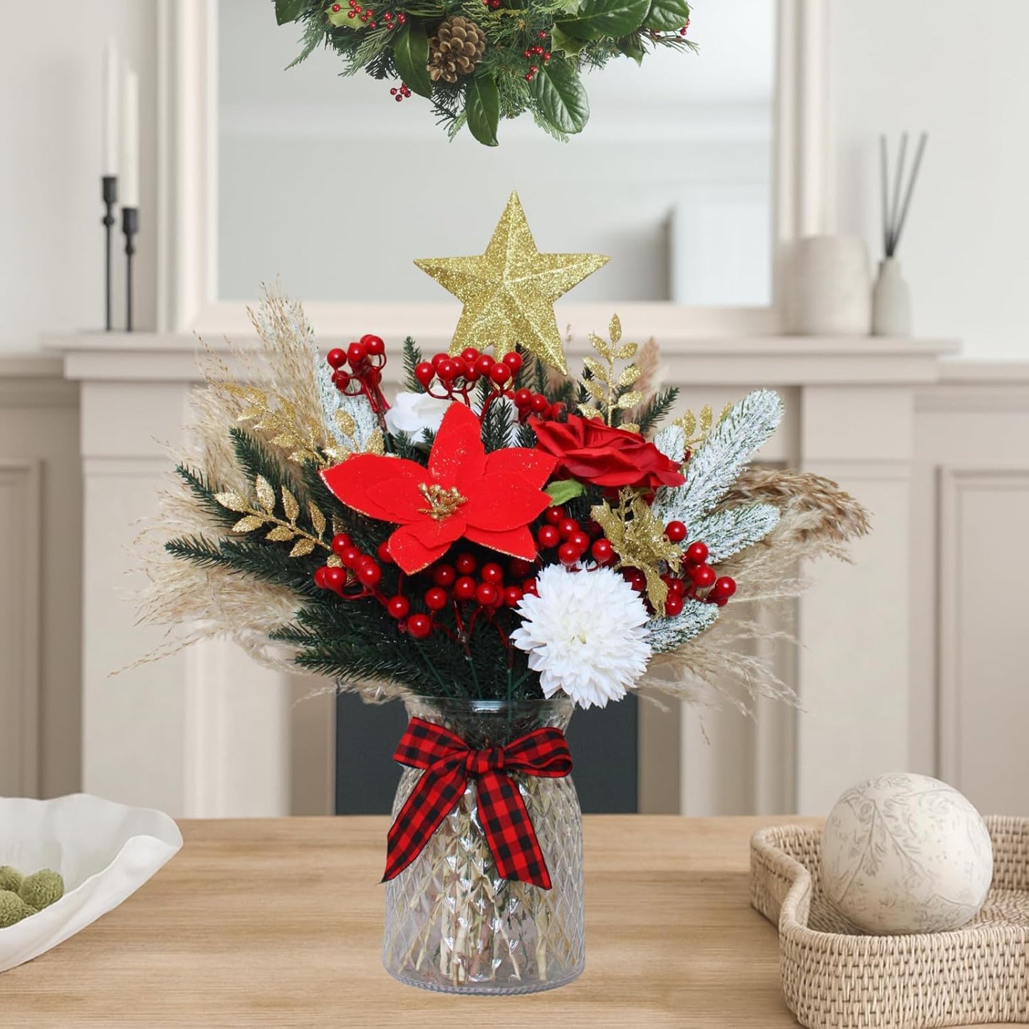 Christmas Centerpieces for Tables, Holiday Table Decor, 100pcs Christmas Floral Arrangements in Vase, Xmas Decorations for Coffee Kitchen Dining Table, Artificial Poinsettia Red Berry Pine Branches