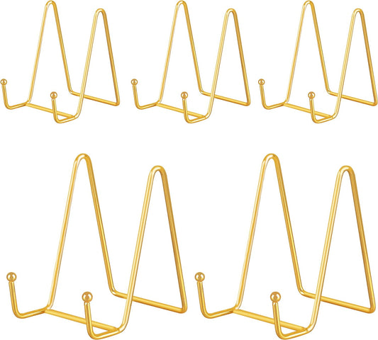 IBosins 5 Pack 4 Inch Plate Holder Display Stands, Metal Gold Frame Stand for Picture, Book, Photo Easel, Creation, Collectibles