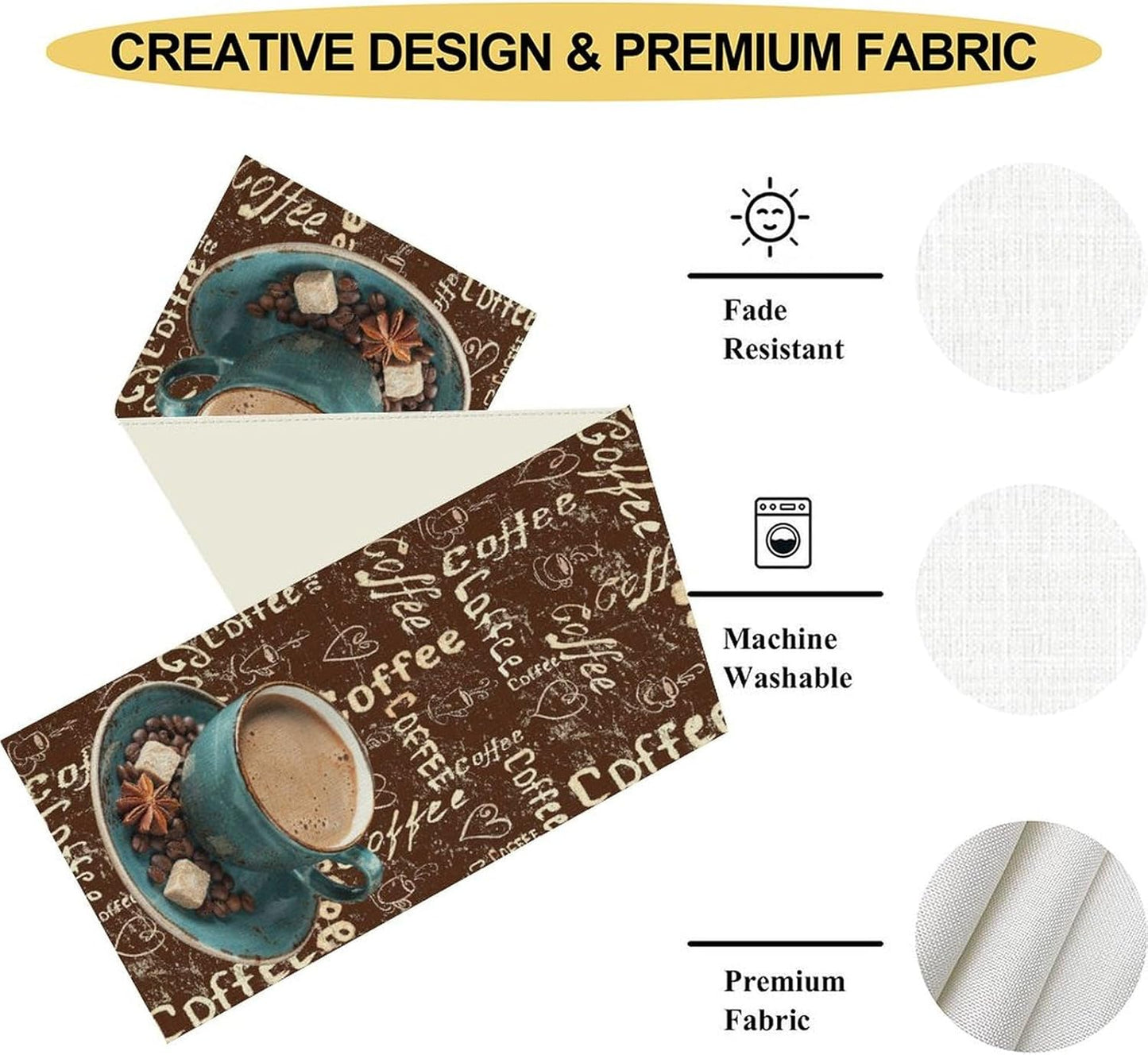 Coffee Theme Table Runner, Farmhouse Retro Brown Coffee Cup Tea Party Rustic Cafe Table Center Decor for Home Kitchen Dining Patio Holiday Party Indoor Outdoor Table Decorations,13"x108" Inch