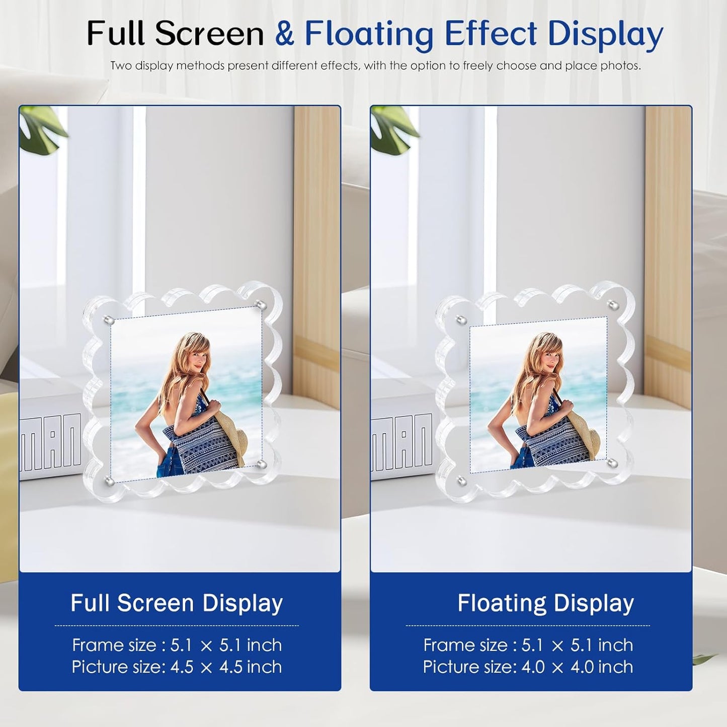 Acrylic Magnetic Picture Frames 4x4-2Pack Clear Freestanding Photo Frame.Double-Sided Scalloped Edges, 10+10mm Thick Block, for Modern Desktop Display &Perfect for Gifts (2 Pack, 4X4)