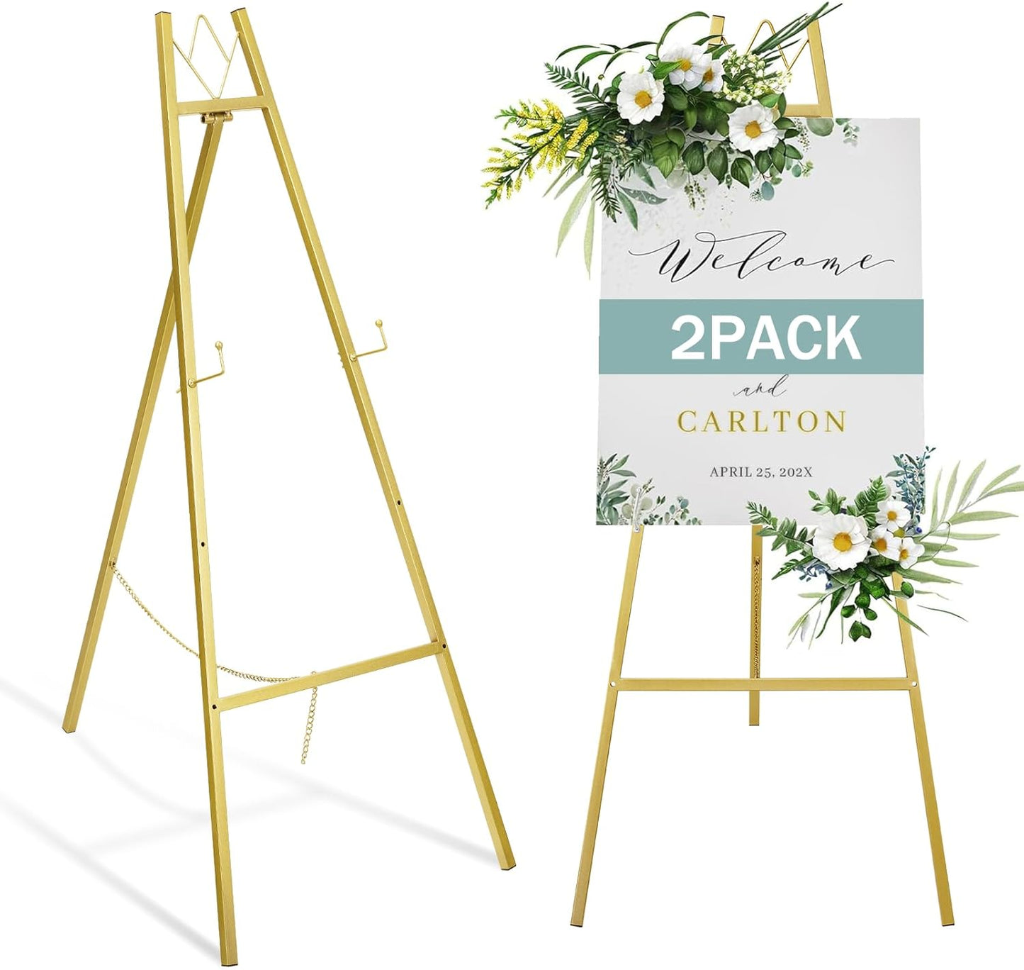 GRENTY 2 Pack Gold Easel Stand for Wedding Signs – No Assembly Needed, Heavy Duty Metal Display Stand for Art, Welcome Signs, Posters, Pictures, Paintings, and Floor Décor