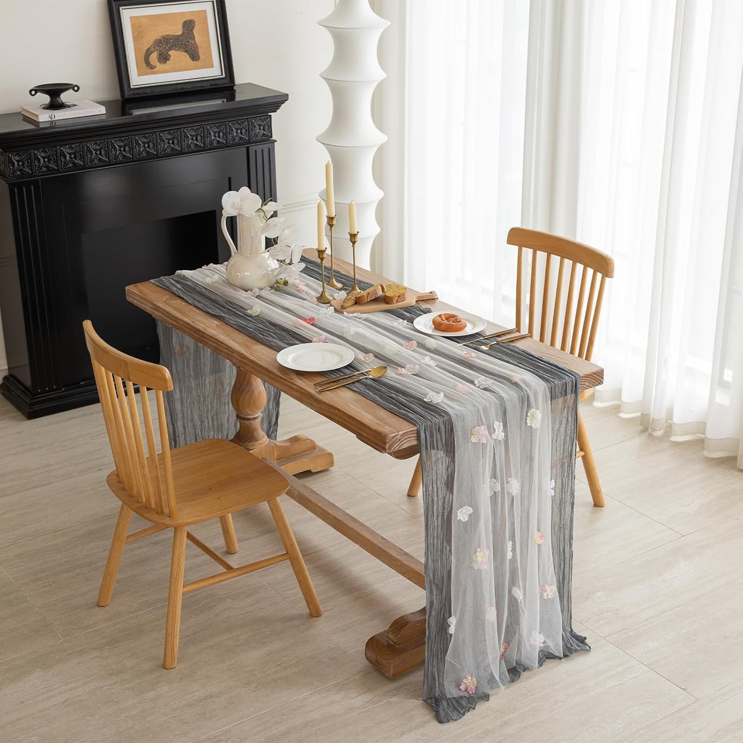 Romantic Artificial Floral Table Runner 10ft Gauze Tulle Lace Table Runner Set for Wedding Baby Shower Bridal Shower Holiday Kitchen Dining Table Decoration for Home Party Special Occasion