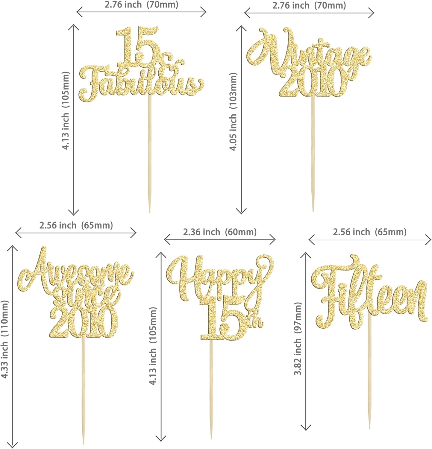 30Pcs Vintage 2010 Cupcake Toppers Glitter Fifteen Happy 15th Birthday 15 Fabulous Cupcake Picks Cheers to 15 Years for 15th Birthday Wedding Anniversary Party Cake Decorations Supplies Gold