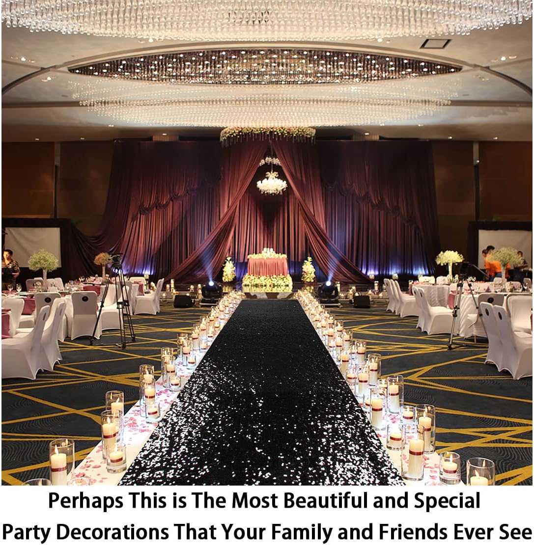 ShinyBeauty Aisle Runner Outdoor Wedding Aisle Runner for Wedding Sequin Aisle Runner Sequin Fabric Wedding Floor Runner Glitter Carpert Runner (4FTx30FT, Black)