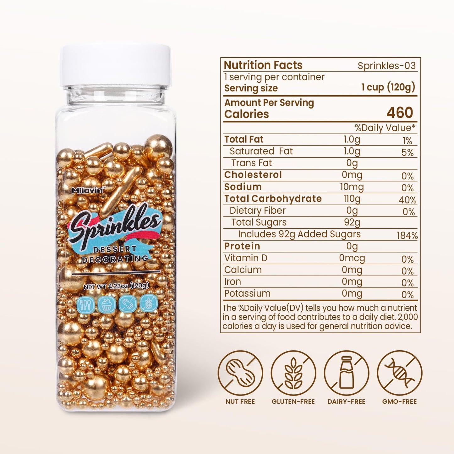 Gold Pearl Sprinkles for Cake Decorating, Pearl Metallic Rod Mix, 4.23 oz Gold Sprinkles for Cupcakes, Ice Cream, Cookies, Baby Showers, Celebrations, Weddings, Valentines, and Easter. (120g)