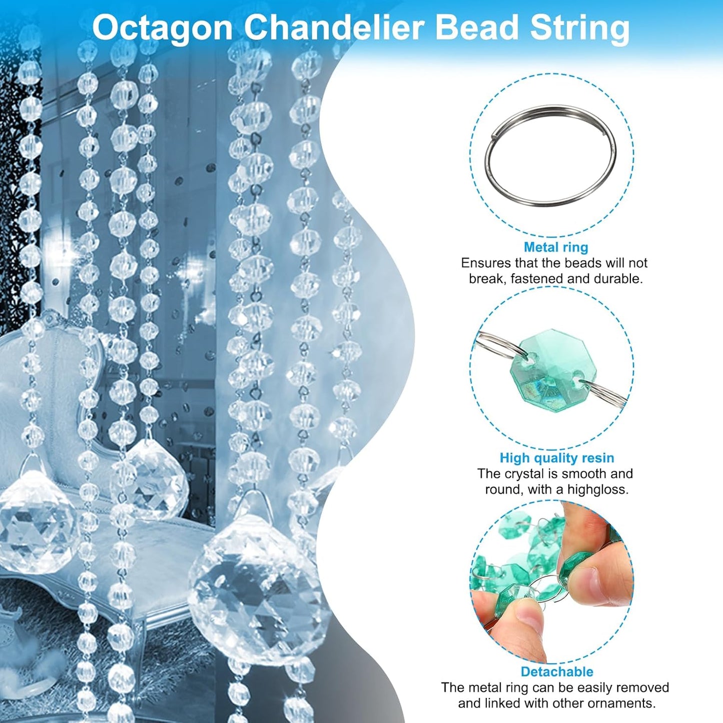 PATIKIL 14 mm Crystal Garland Strands, 16.4 Ft Acrylic Octagon Chandelier Bead Chains String for DIY Craft Wedding Party Home Decorative Jewelry Making, Blue