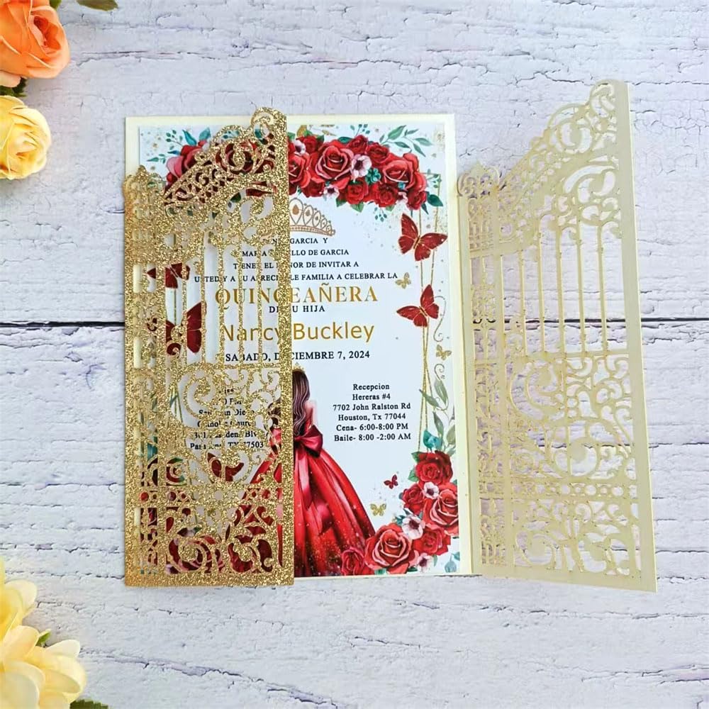 Glitter Laser Cut Gate Invitation Gold Castle For Wedding Valentine Birthday Quinceanera Sweet 16th 25 Sets (light rose gold glitter, 4.9"x7.1")