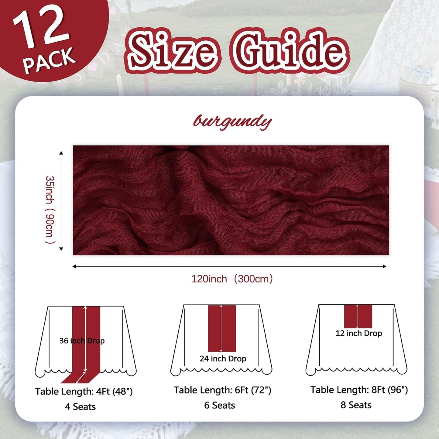 12 Pack Burgundy Cheesecloth Fall Table Runner 10ft Boho Gauze Fabric Cheese Cloth Table Runner 35 x 120 Inch Rustic Sheer Runner for Romantic Wedding Decor Baby Shower Party Centerpiece Decoration