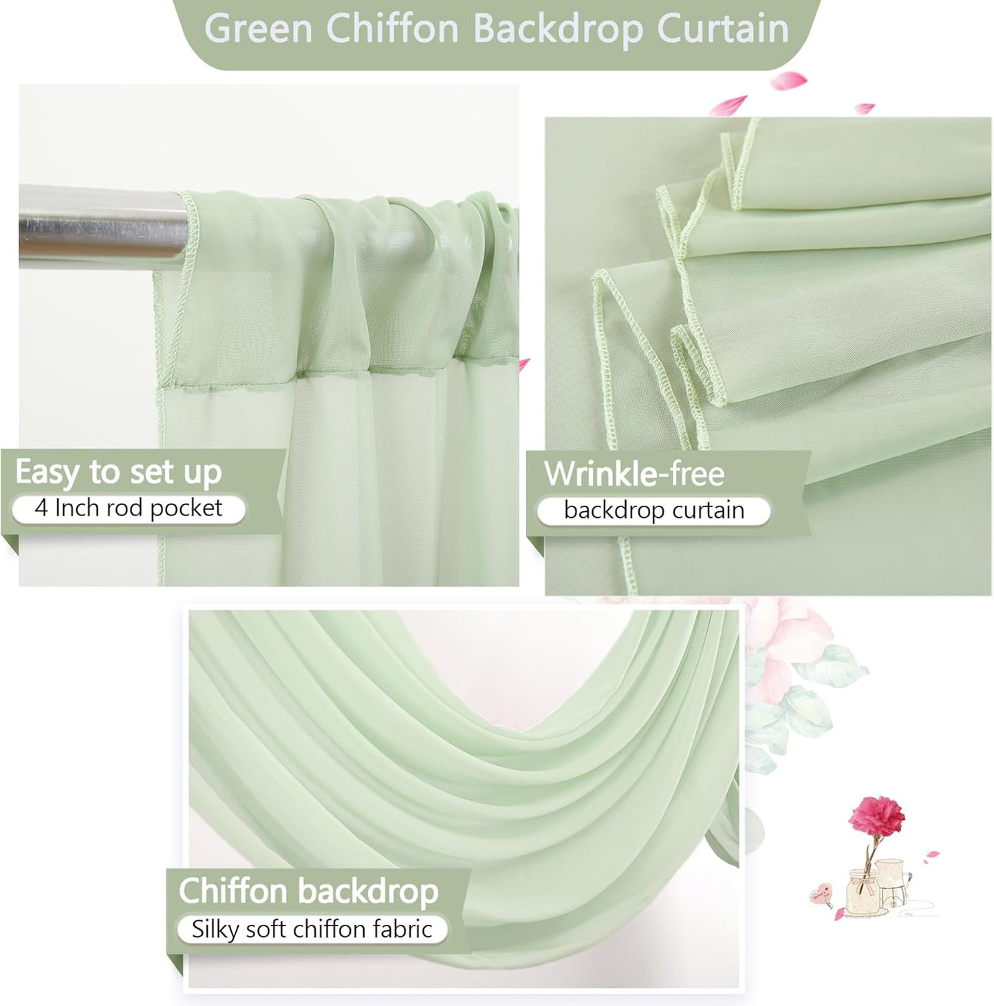 PARTISKY 10x7ft Sage Green Chiffon Backdrop Curtains, Wrinkle-Free Sheer Fabric Photo Drapes for Wedding Ceremony Arch Birthday Baby Shower Photography Stage Decor 5x7ft, 2 Panel