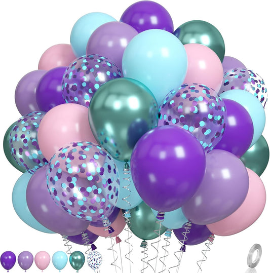 Mermaid Balloons, Purple and Teal Balloon Pastel Pink and Purple Party Decorations Metallic Green Teal Blue Confetti Balloons for Girls Kids Mermaid Theme Birthday Wedding Baby Shower