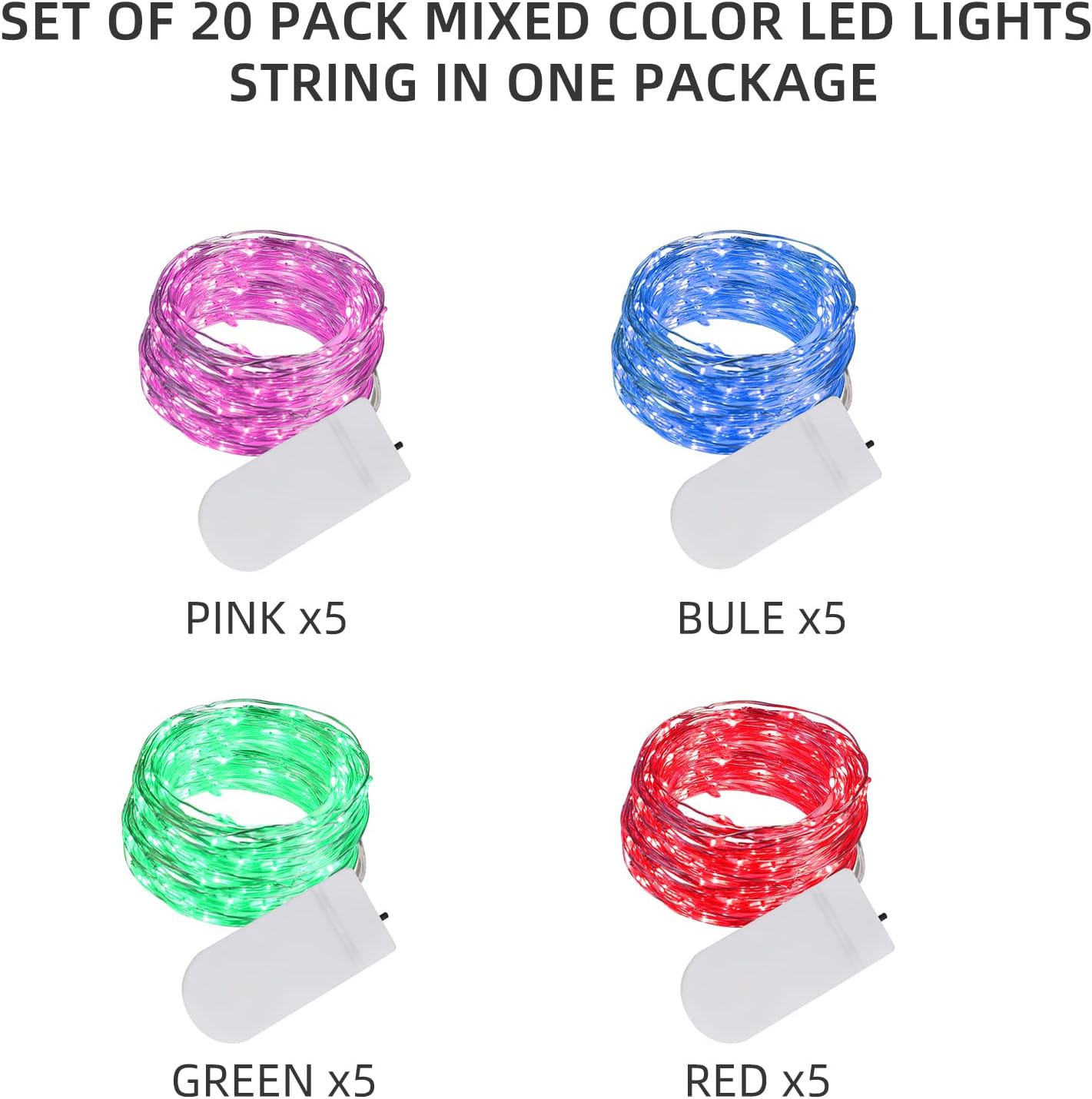 LAMPHOME 20 Pack Fairy Lights Battery Operated String Lights, 20 LED on 6.6FT Silvery Copper Wire, Firefly Fairy String Lights for Mason Jar Christmas Decoration(Bule x5, Pink x5, RED x5,Green x5)