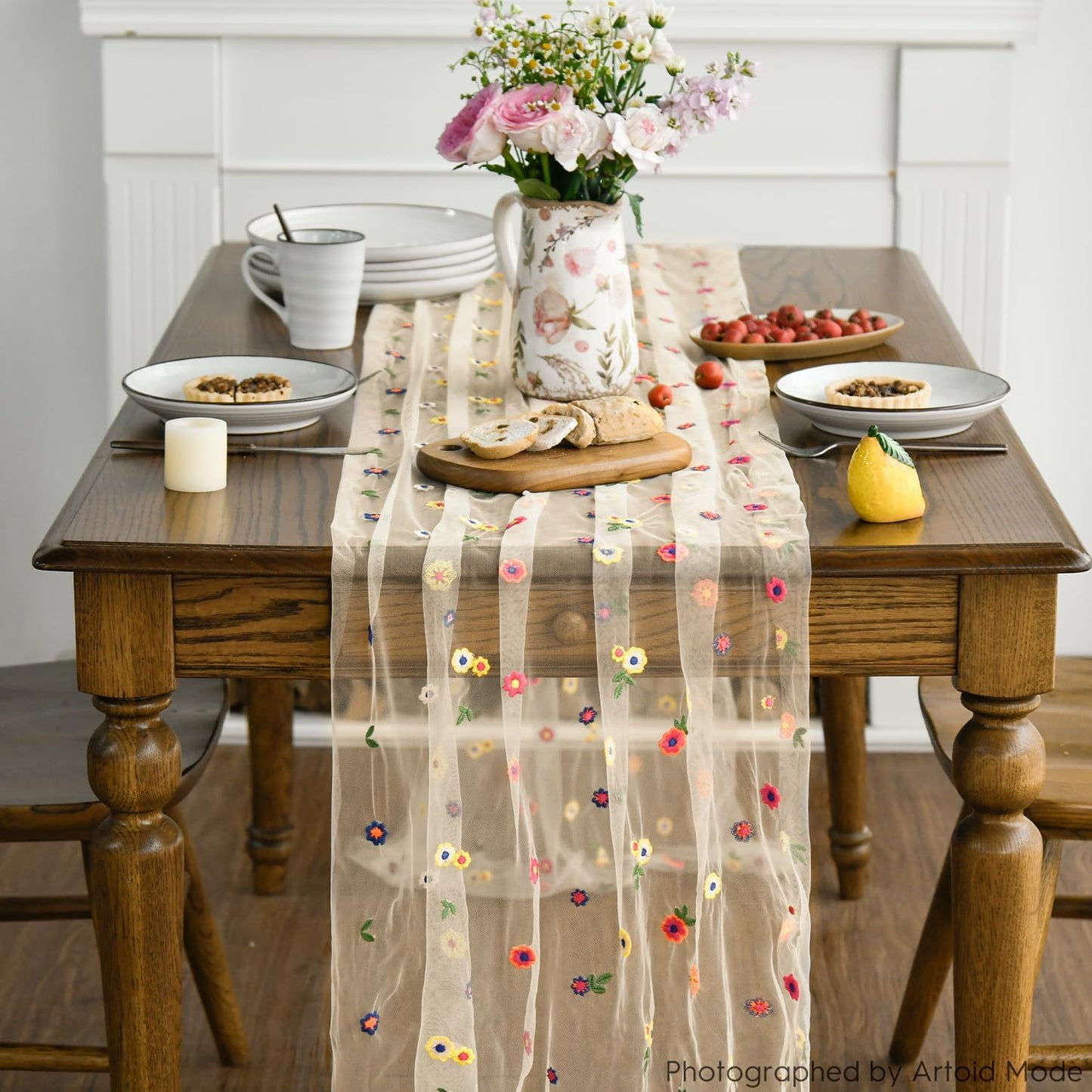 Artoid Mode Champagne Embroidery Daisy Gauze Table Runner 120 Inch 10FT, Seasonal Sheer Kitchen Dining Holiday Wedding Birthday Table Decor for Home Party